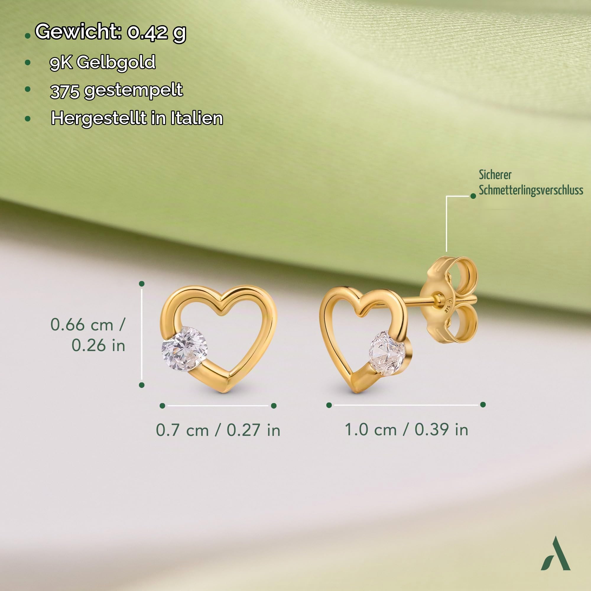 Amberta Allure Dames Kleine Ohrringe - Gold Herzstecker