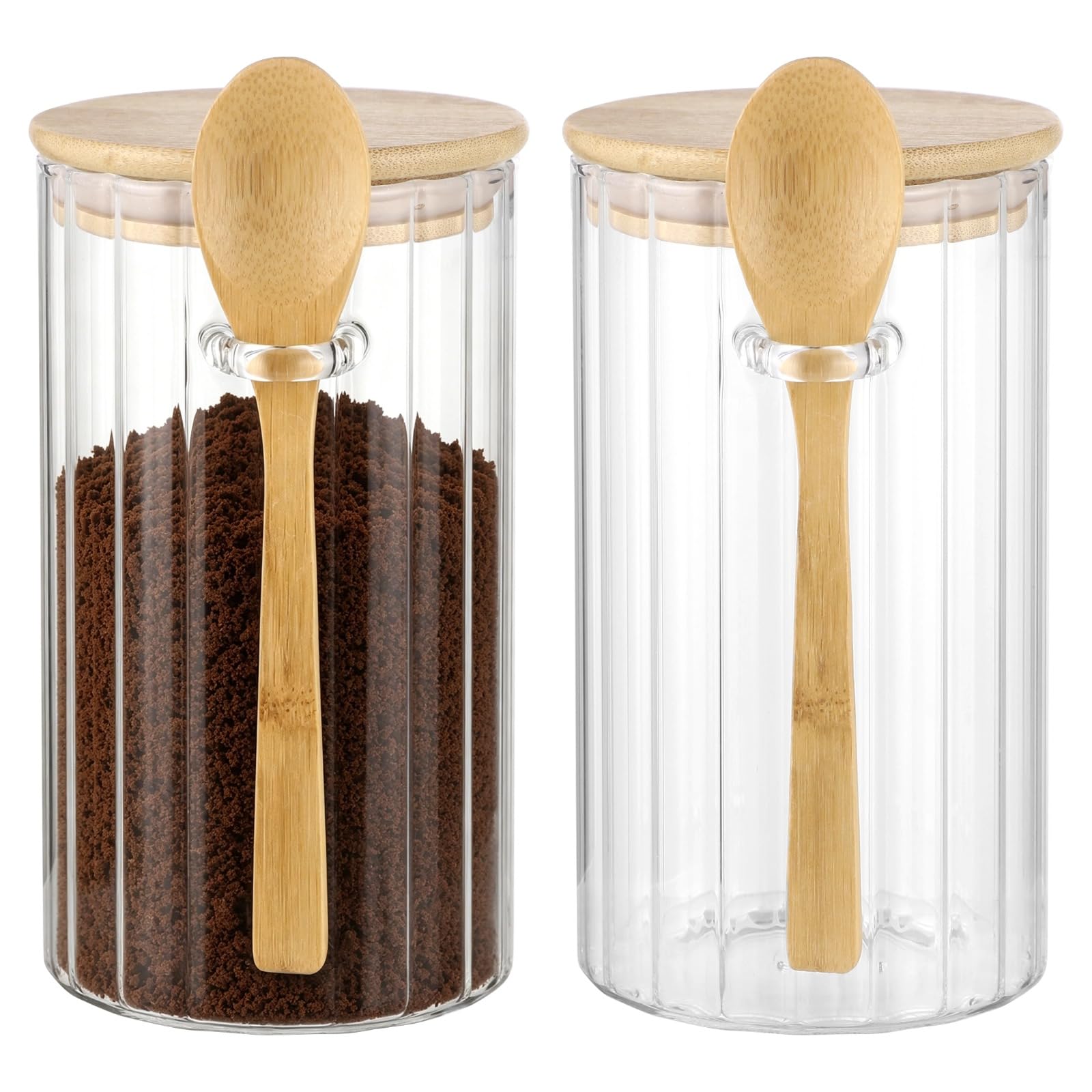 2 Stk. Glas-Vorratsgläser, luftdichte Lebensmittelbehälter mit Holzdeckel, Löffeln und Streifendesign, stapelbare Kaffee- und Zuckerbehälter für Tee, Bohnen, Trockenwaren, 3,35 x 3,35 x 5,91 in