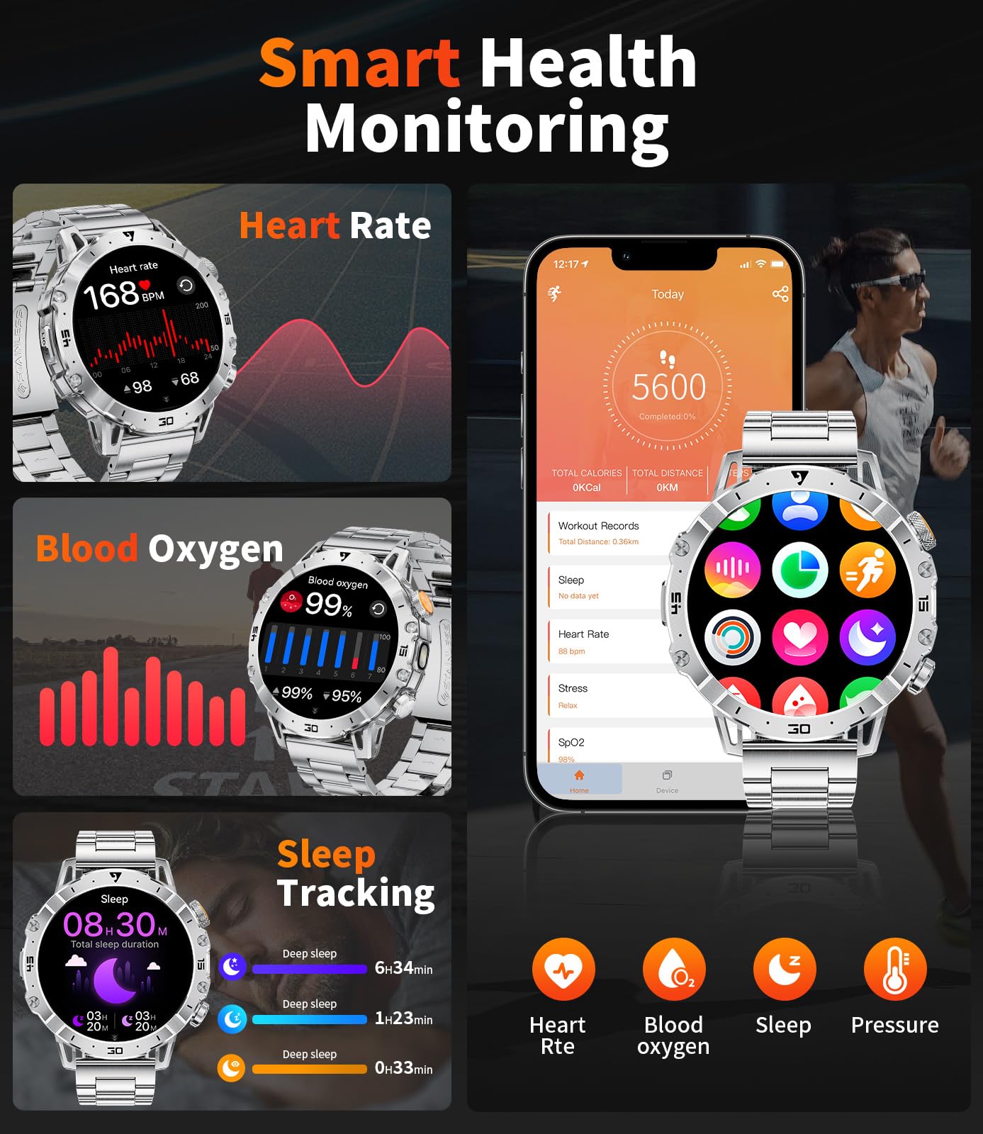 SUNKTA Montre Connectée Homme 1000 mAh Grande Batterie 1,7″ HD Bluetooth appels Smartwatch Homme pour iOS Android Lampe LED,Surveillance de la santé,moniteur de sommeil,3 bracelets,2 chargeurs,Argenté