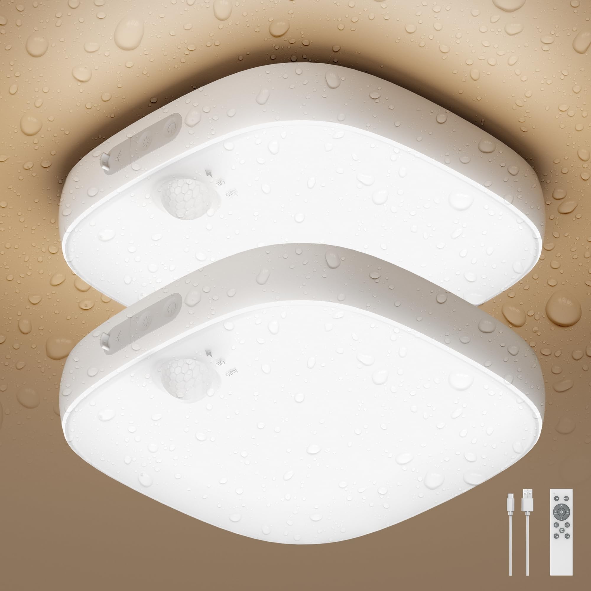 FULEN Motion Sensor Ceiling Light Indoor, Rechargeable Closet Light with 10000mAh Battery, LED Shower Lamp IP65 Waterproof, Cordless Ceiling Lamp with RGB Colors, Remote Control, 2 Pack