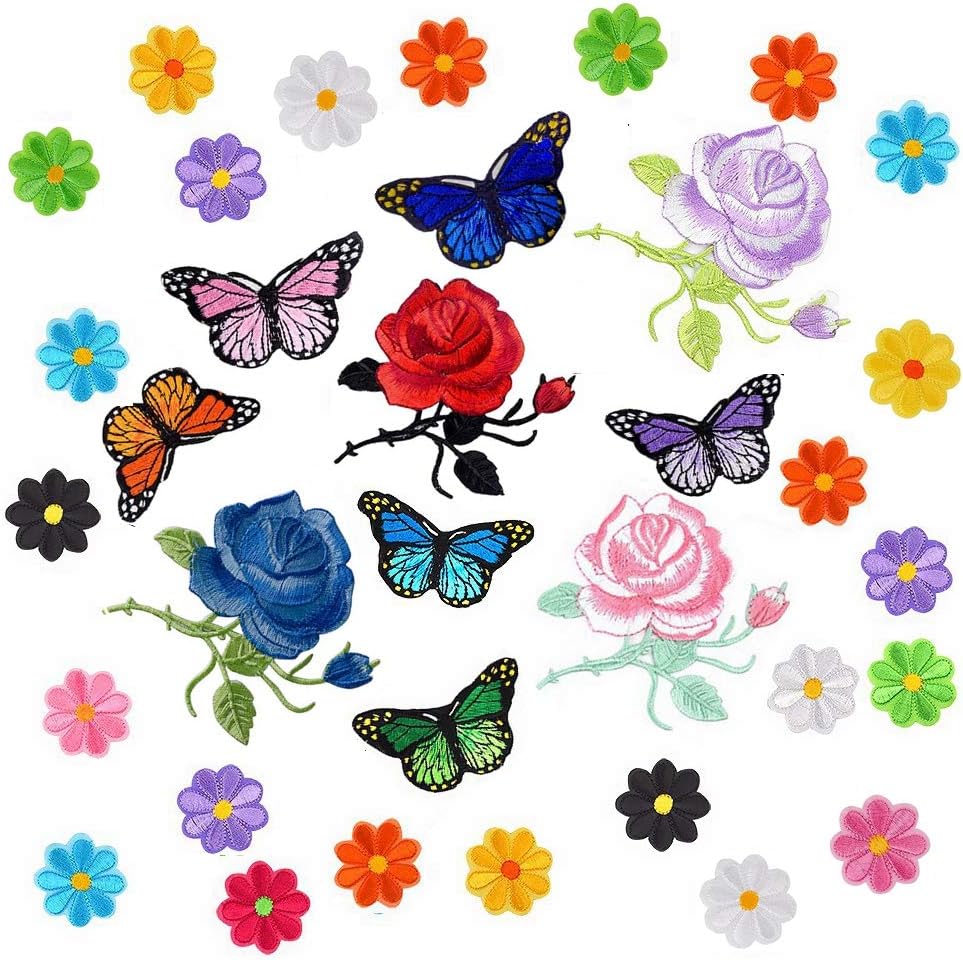 Budicool Flowers Butterfly Iron on Patches Embroidery Applique Patches for Arts Crafts DIY Decor, Jeans, Jackets, Clothing, Bags (Pack of 34pieces)