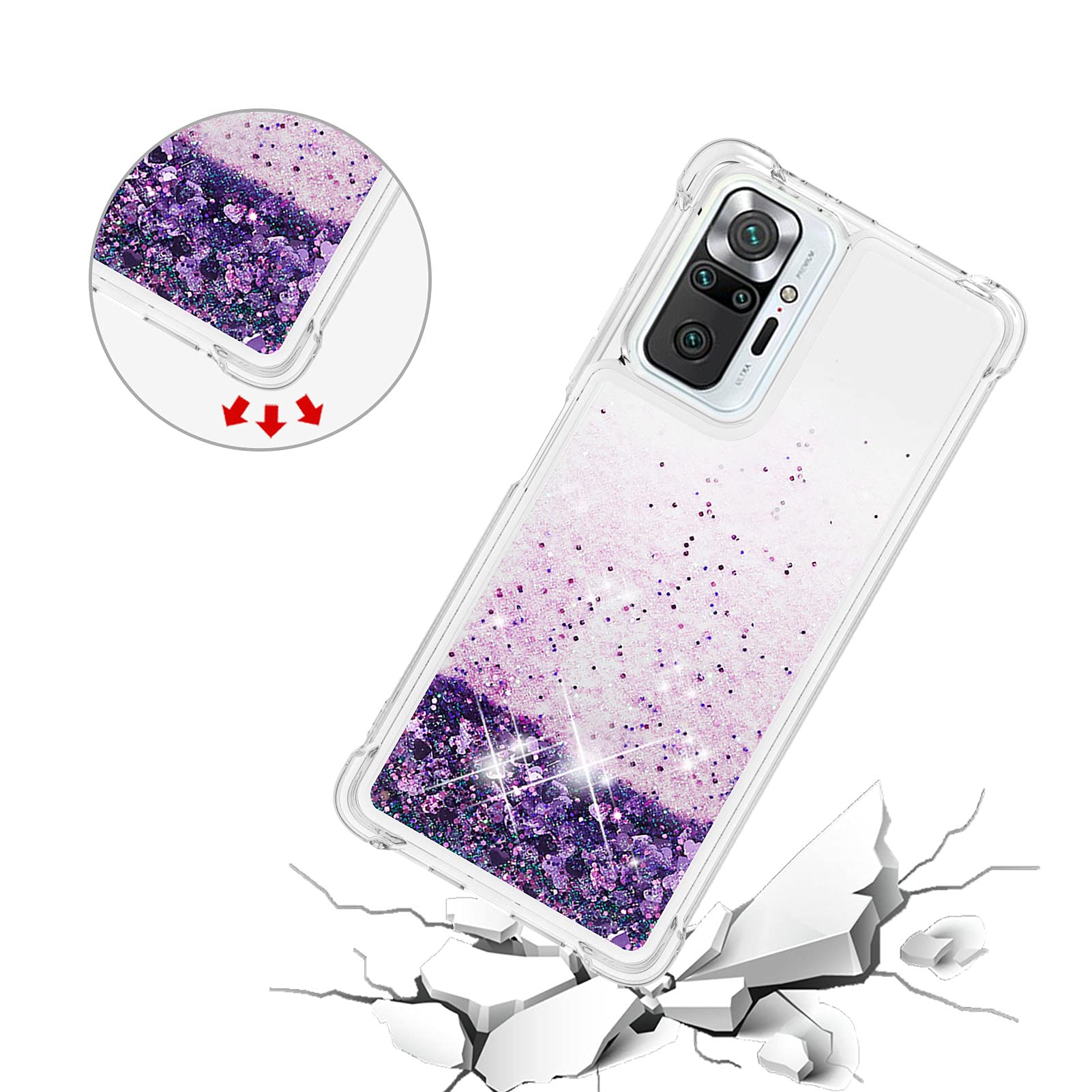 Glitter Cover Per Xiaomi Redmi Note 10 Pro 4G - Custodia Trasparente Con Paillettes Scintillanti Rimovibili, Antiurdo In TPU Morbido, Design Elettroplaccato - Rosa