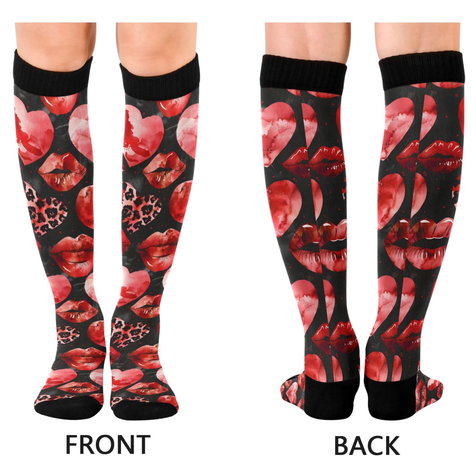 ALAZA Athletic Compression Socks Knee High Socks Stockings for Women Red Lips Heart Running Circulation Sport Football