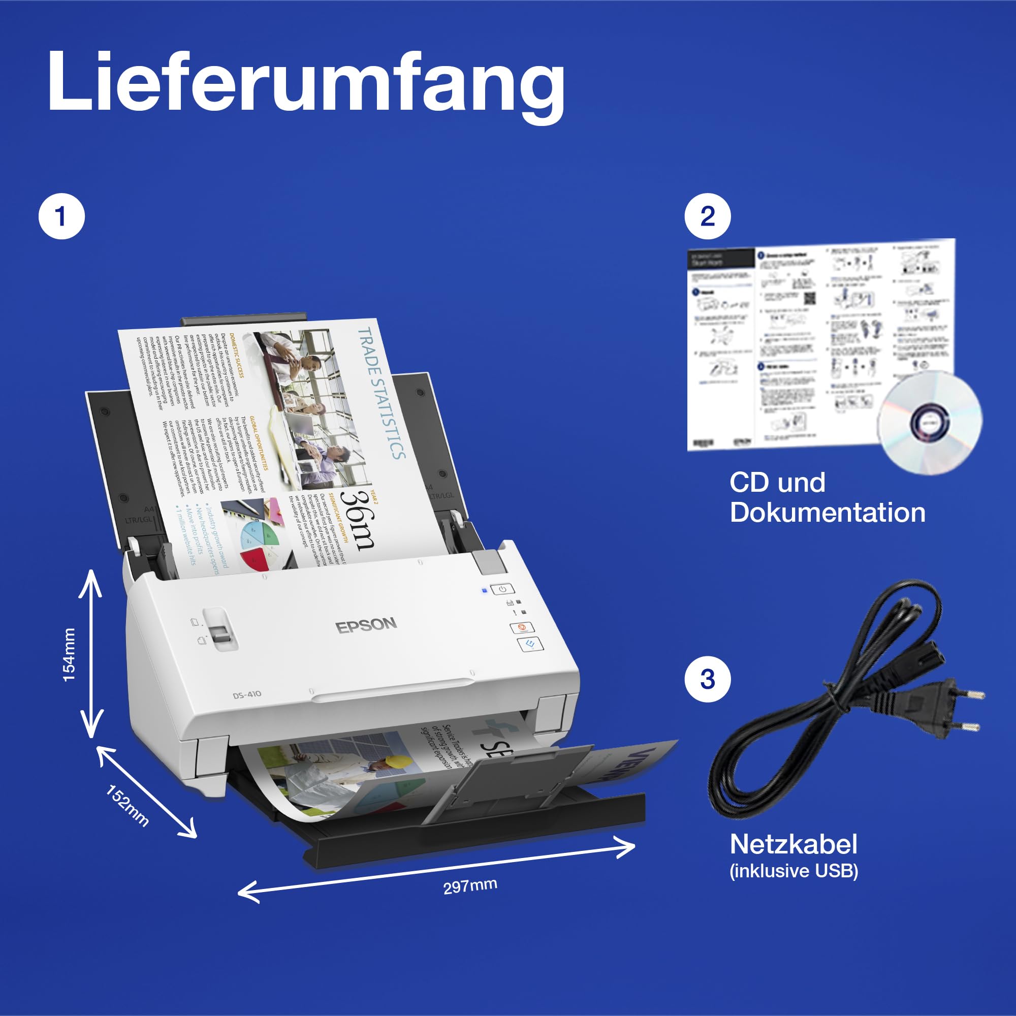 Workforce DS-410: Kompakter A4 Business-Scanner mit Blattzufuhr, automatischem Dokumenteneinzug für 50 Blatt und Epson Document Capture Pro-Software