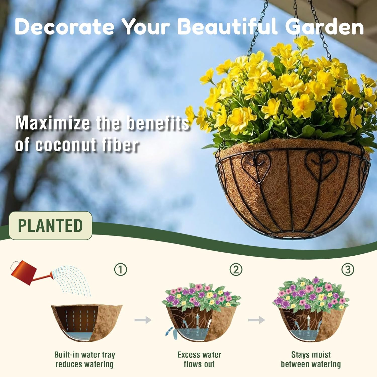 3 Pcs 12 Inch Round Coco Liners Replacement for Hanging Basket, 100% Natural Coconut Fiber for Plants, Pre-Formed Coconut Fiber Plant Basket Liner for Planters, Flowers, Vegetables