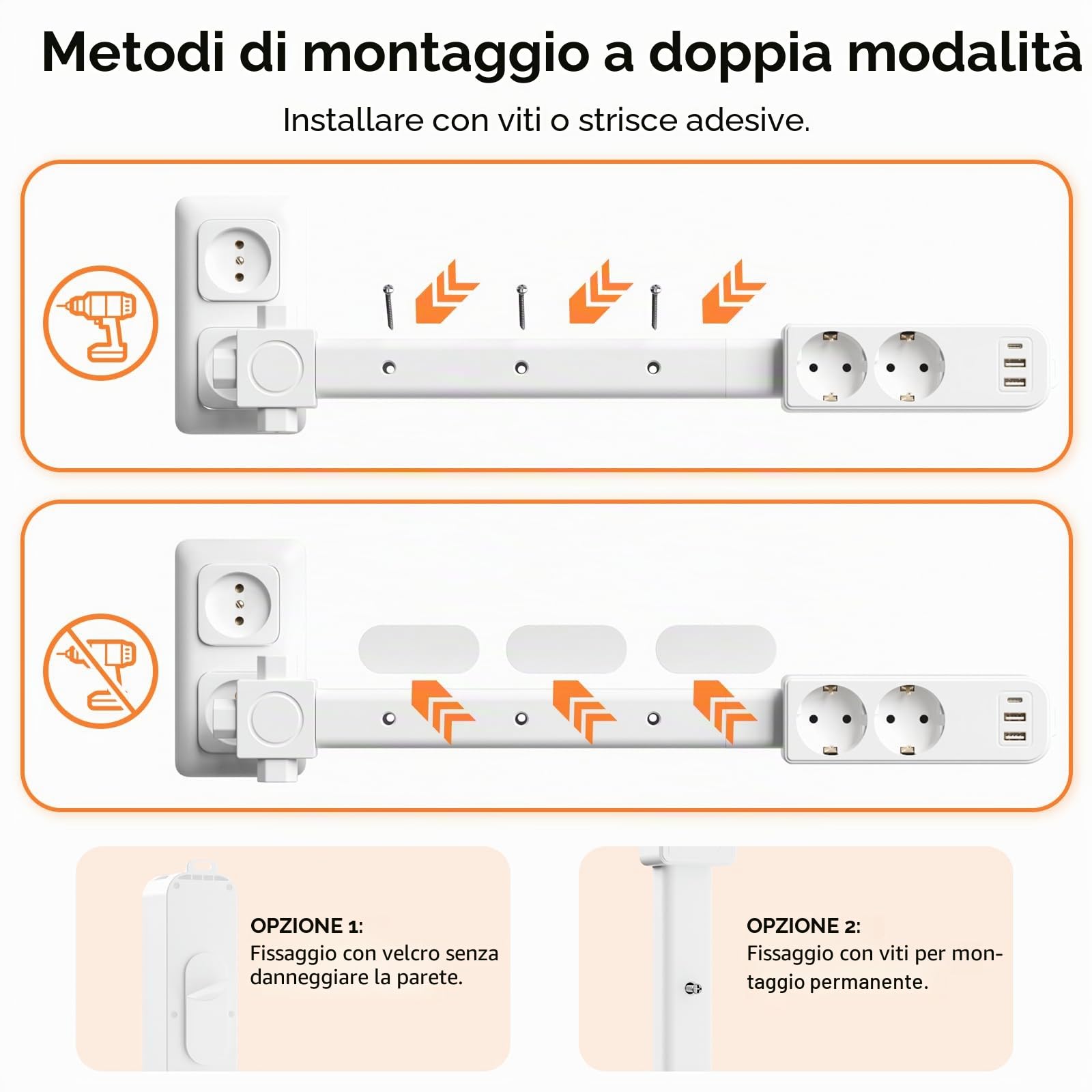 Multipresa Ciabatta Elettrica Estensibile con 3 asticelle estensibili, [Regolabile 9,92-37,32 pollici], 3 Presine AC, 2 USB-A, 1 USB-C, 360° montabile, ideale dietro divano e comodino