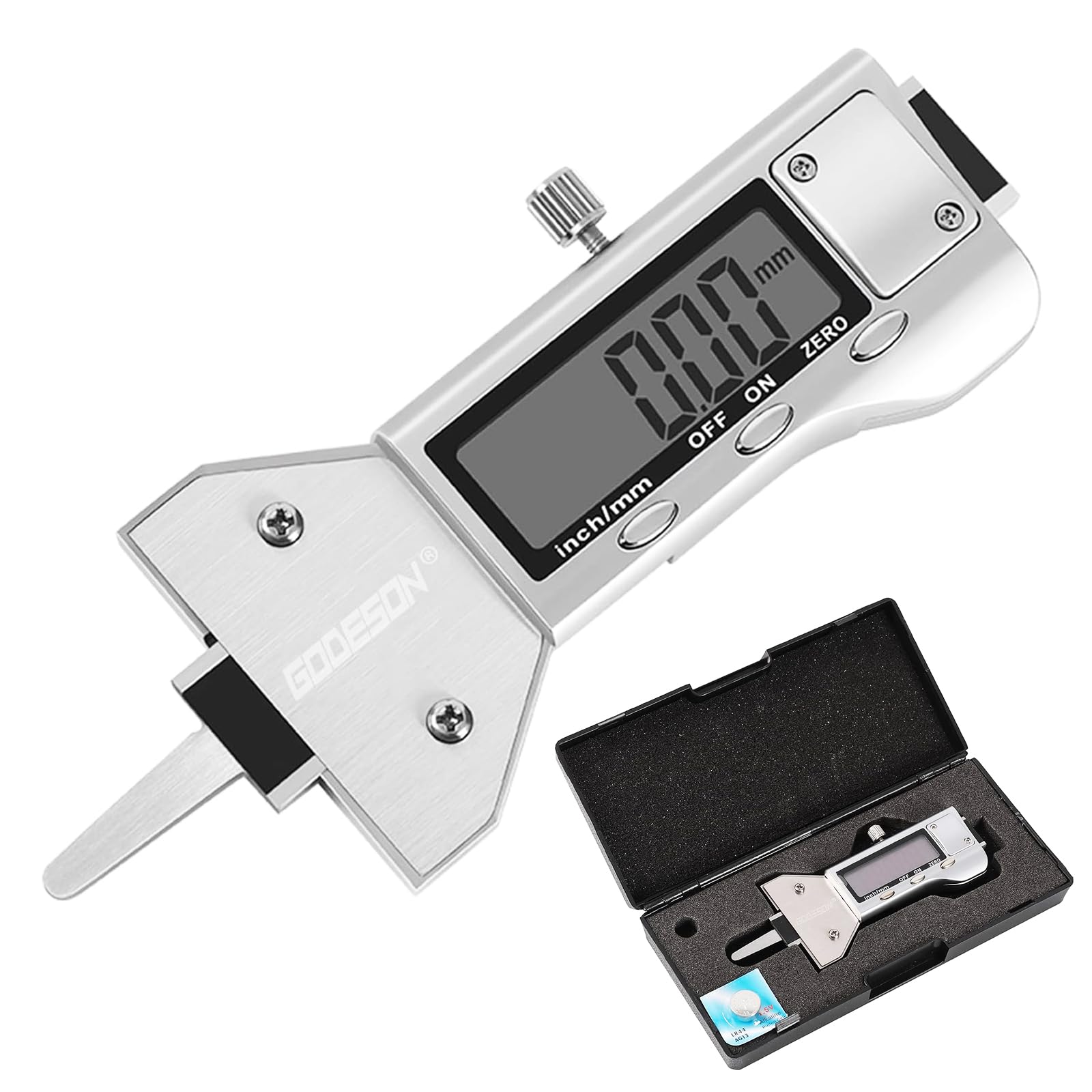 GODESON Metalowy cyfrowy miernik głębokości bieżnika opony UK 25,4 mm, wyświetlacz LCD miernik głębokości bieżnika opony cal/mm, precyzyjny profesjonalny pomiar do motocykla, samochodu, ciężarówek