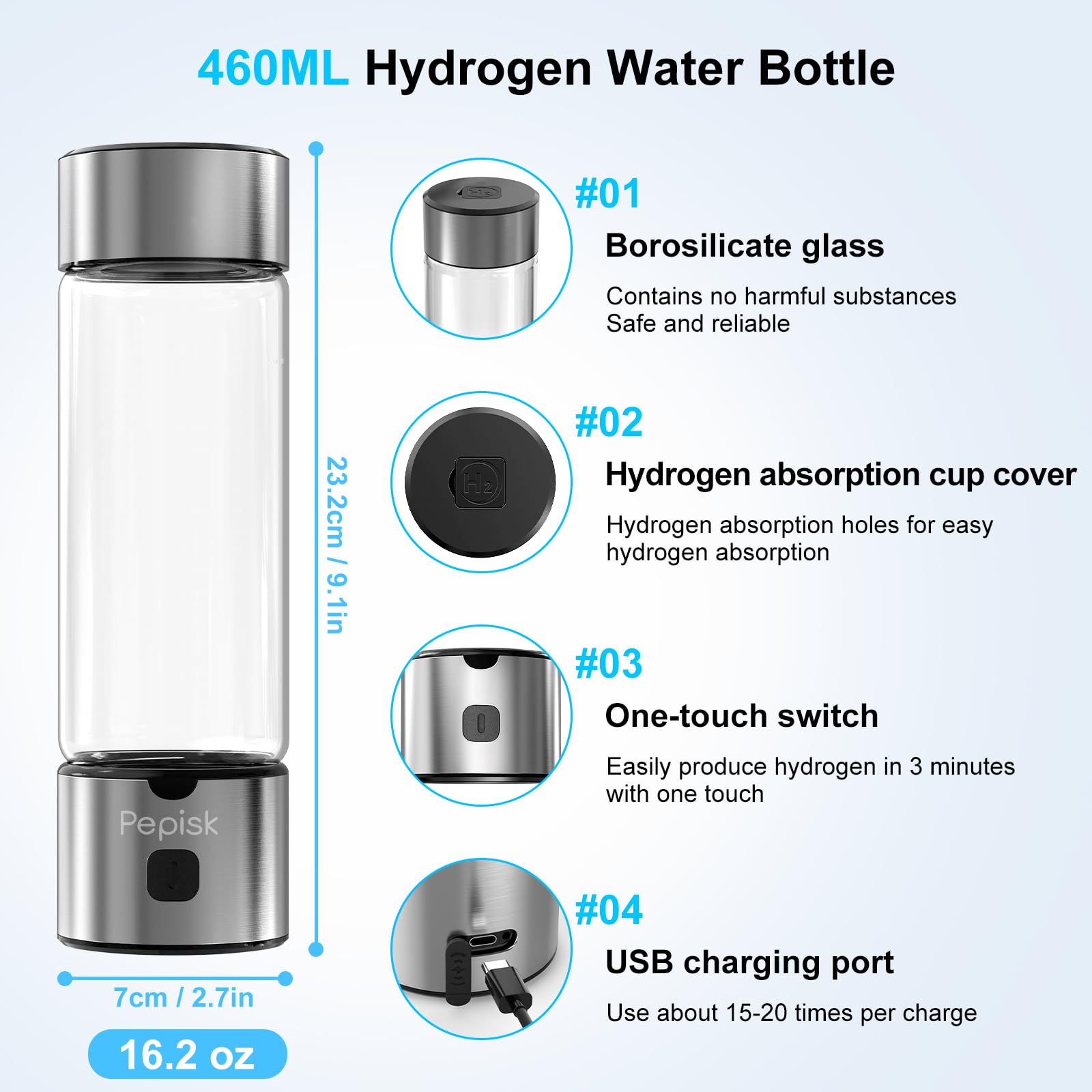 Wasserstoff-Wassergenerator-Flaschen, hydrierte Wasserflasche mit SPE-PEM-Technologie bis zu 2200 PPB, 460 ml Wasserstoff-Wasserflaschengenerator für Zuhause, Büro und Reisen, zertifizierter H2
