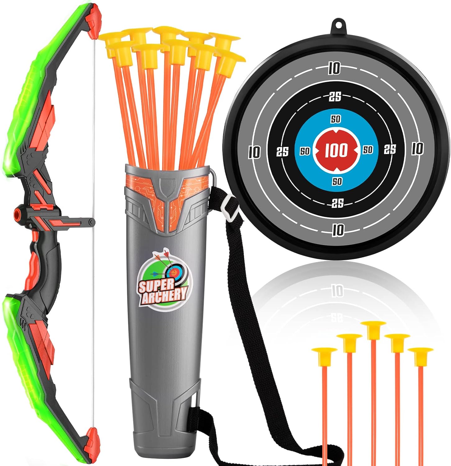 Bow and Arrow Set for Kids LED Light Up Archery Toy Set Includes 10 Suction Cup