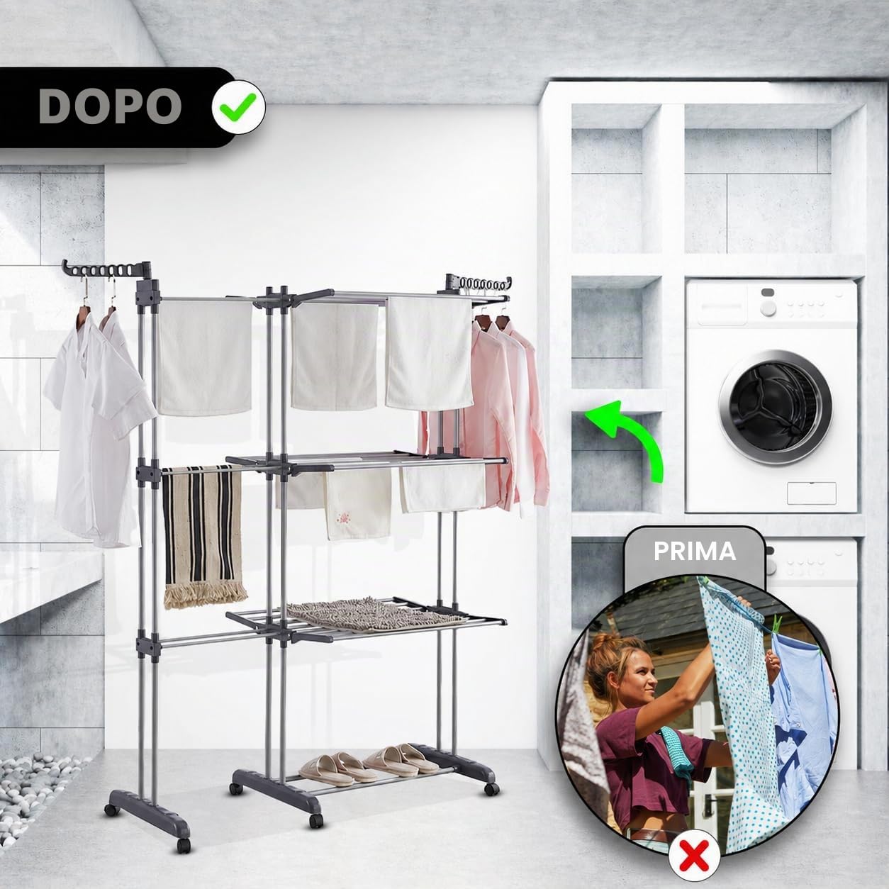 Vonia Stendibiancheria A Doppia Torre Xl - Stendibiancheria Pieghevole A 3 Ripiani Con Ruote | Stendini Da 150 Cm E Appendiabiti | Stendini Resistente - Grigio