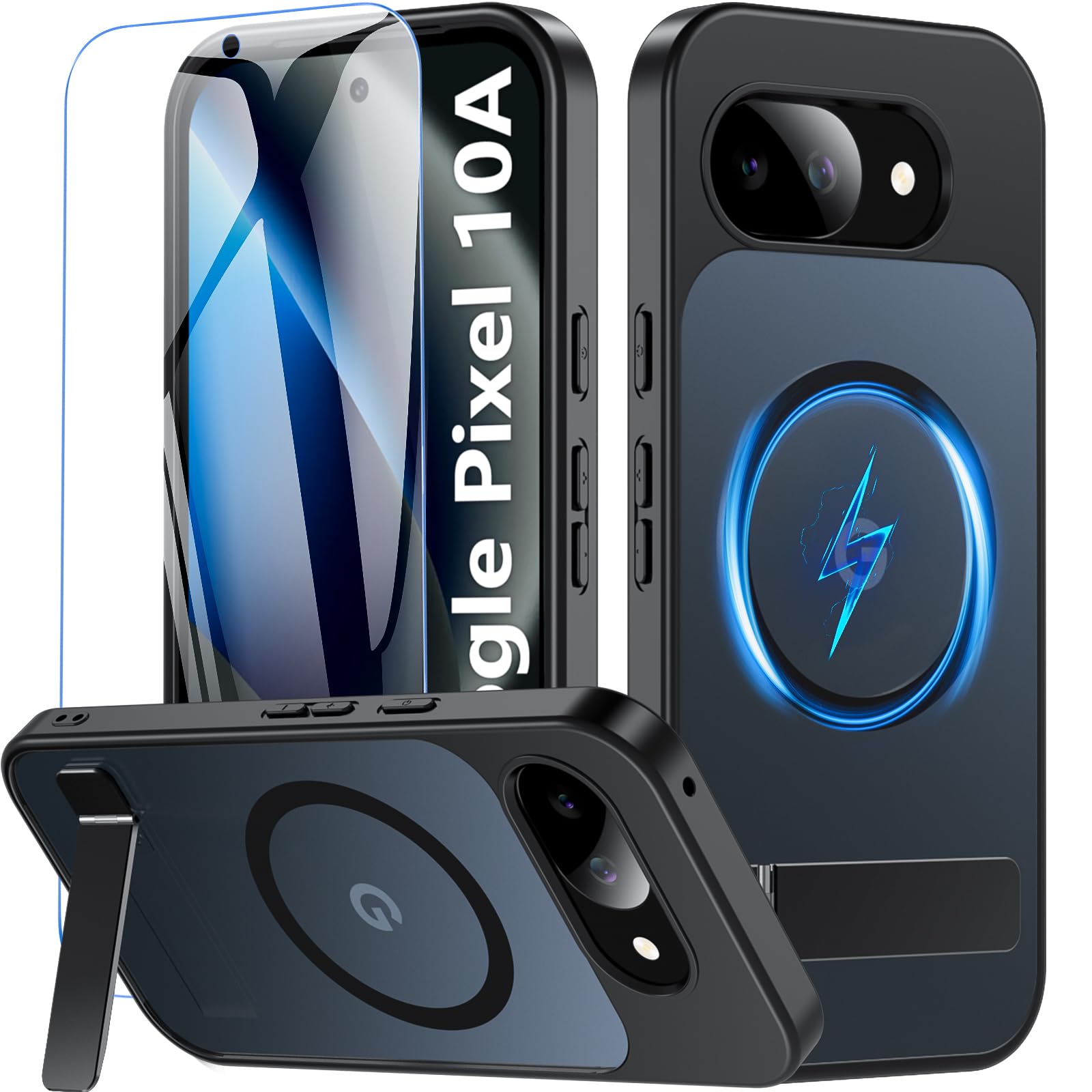 Google Pixel 10a ケース BESINPO [ガラスフィルム付き・MagSafe対応・スタンド機能] グーグル ピクセル 10a カバー 調整可能 縦横両対応 半透明 黄ばみなし 耐衝撃 指紋防止 マグネット搭載 マグセーフ対応 ストラップホール 隠しスタンド Google Pixel 10a用 スマホケース 6.3インチ ブラック
