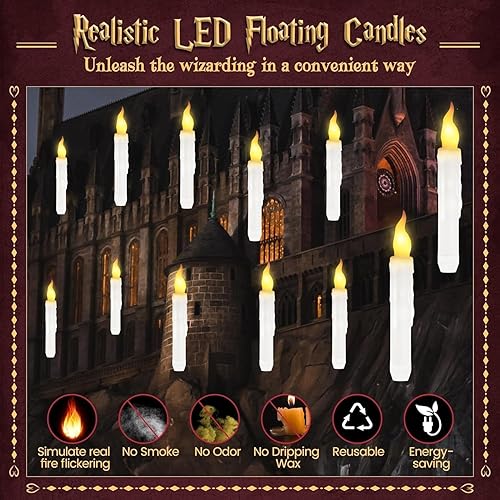 Miniatura 4 de Velas flotantes de Harry con varita mágica de Potter, luz LED parpadeante sin llama, decoración de dormitorio para fiesta en casa, iglesia, funciona