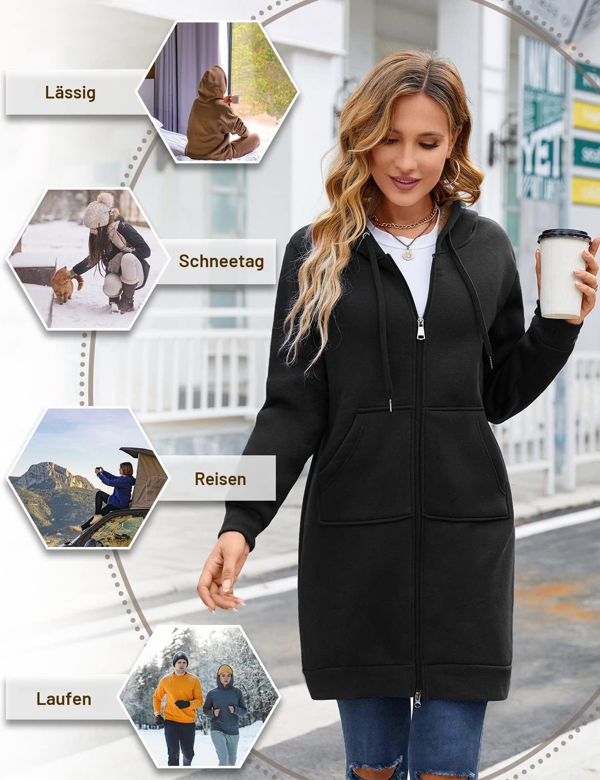 Damen Hoodie Fleecejacke Kapuzenjacke mit Zip Winterjacke Lang Sweatjacke Warme Plüschjacke Pullover Einfarbig Casual Mantel Winter Kapuzenpullover Mit Kapuze Reißverschluss