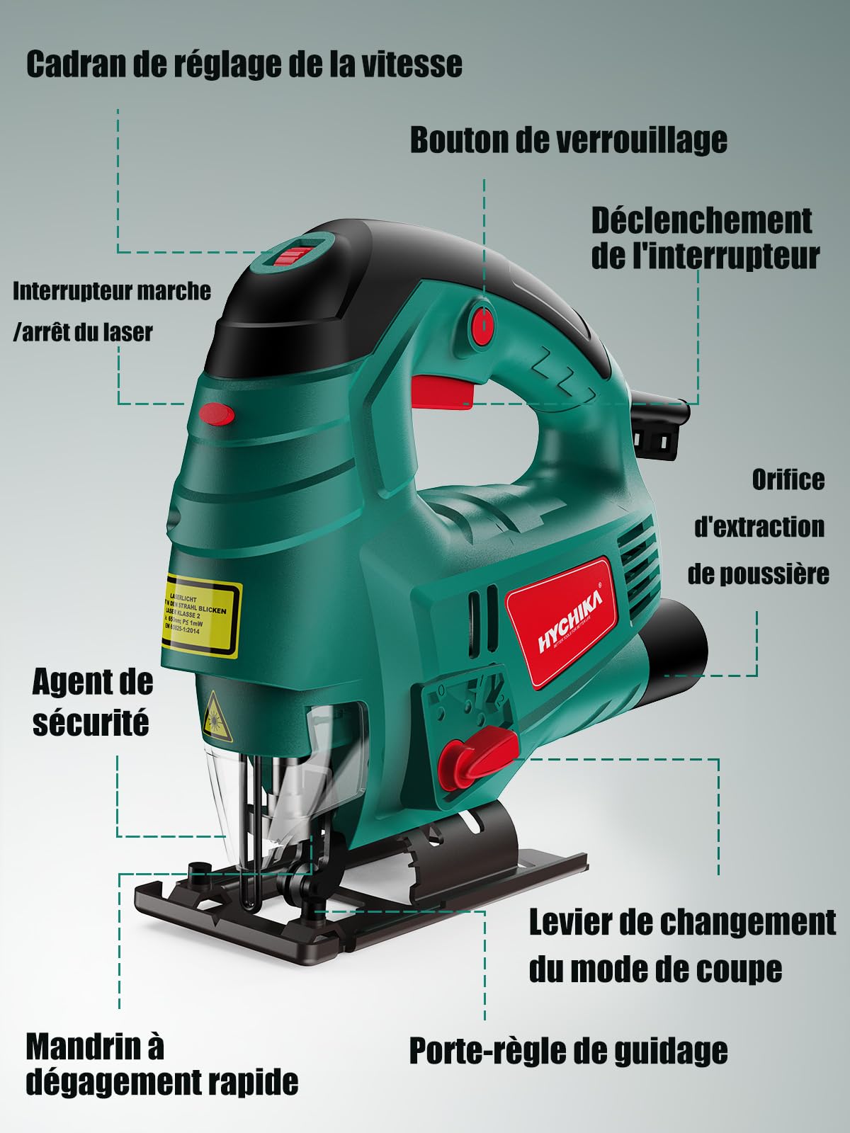 HYCHIKA Scie Sauteuse 800W, Avec Moteur en Cuivre Puissant, 800-3000SPM Tours par Minute Avec 7 Vitesses Variables, 0-3 Ensembles Orbitaux, 6 Lames de scie, Angle d'inclinaison ±45 °, Cordon 2 Mètres