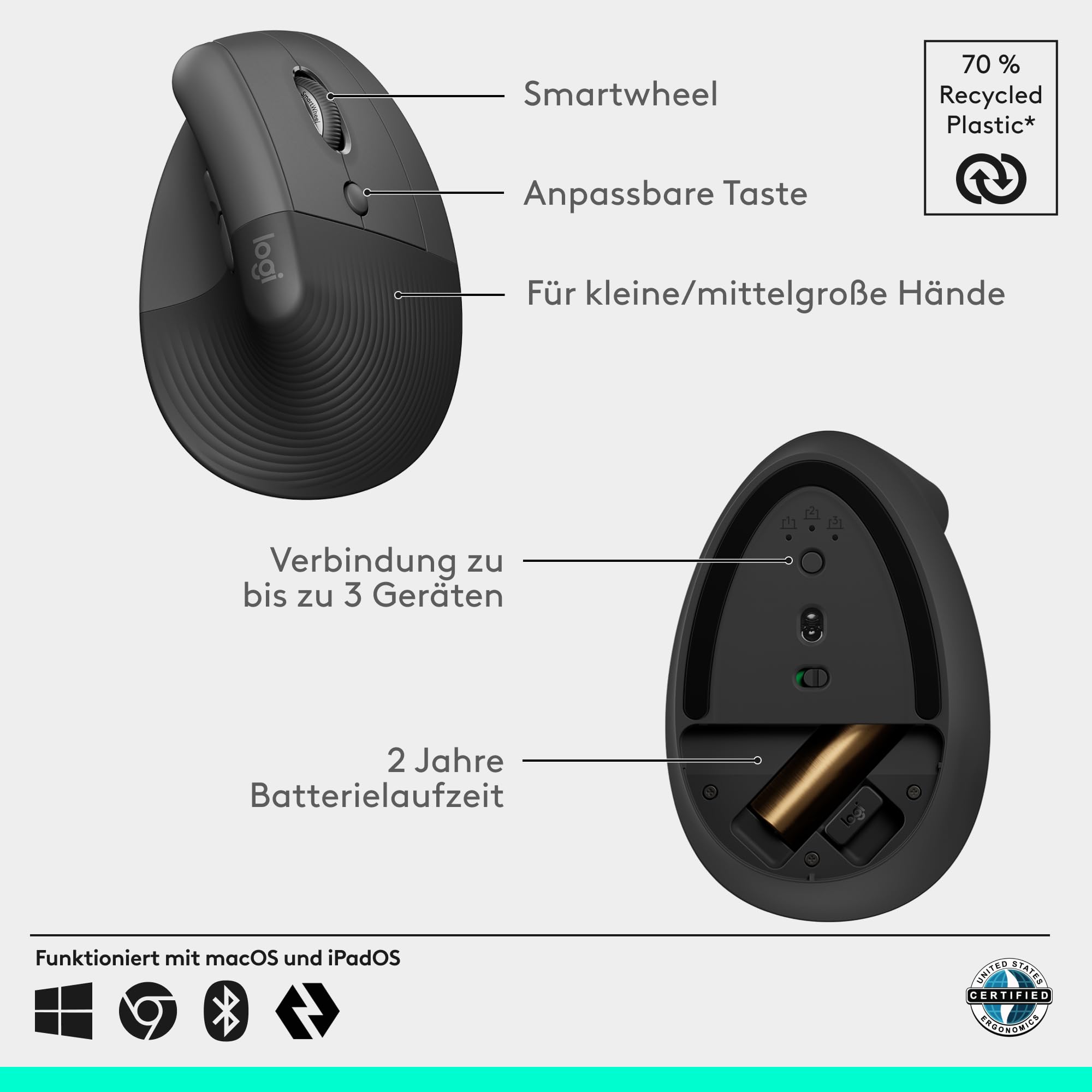Logitech Lift Vertikale Ergonomische Maus, Kabellos, Bluetooth oder Logi Bolt USB-Empfänger, Leise Klicks, 4 Tasten, Kompatibel mit Windows/macOS/iPadOS, Laptop, PC - Grau