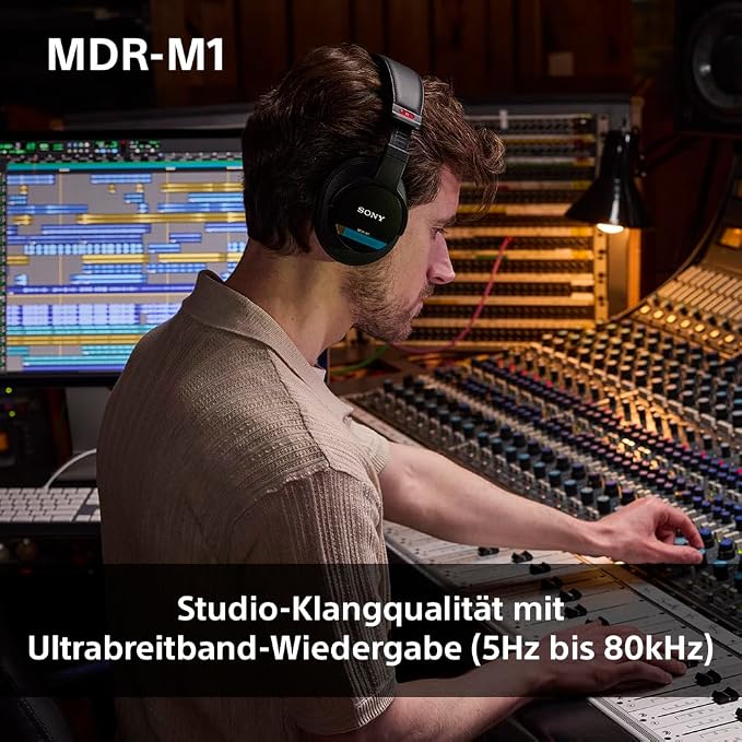 Sony MDR-M1 Studio Kapalı Arka Kulaklık - Kablolu, Ultra Geniş Bant Oynatma (5Hz-80kHz), Stüdyo Kaydı ve Karıştırma için İdeal, Hafif Tasarım (216g), 2 Çıkarılabilir Kablo içerir, Siyah