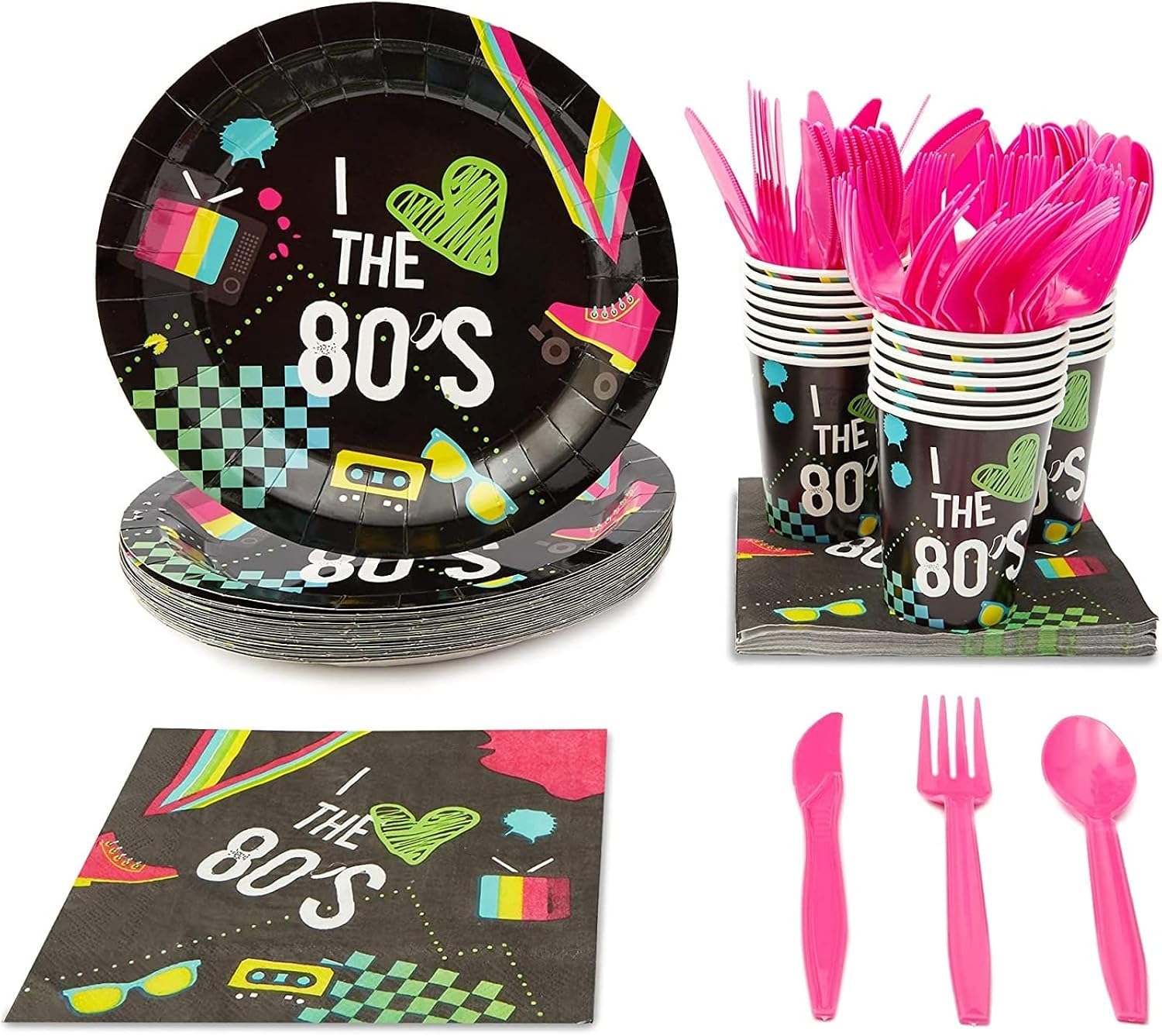 BLUE PANDA 80's Party Bundle, Includes Plates, Napkins, Cups, and Cutlery (24 Guests,144 Pieces)