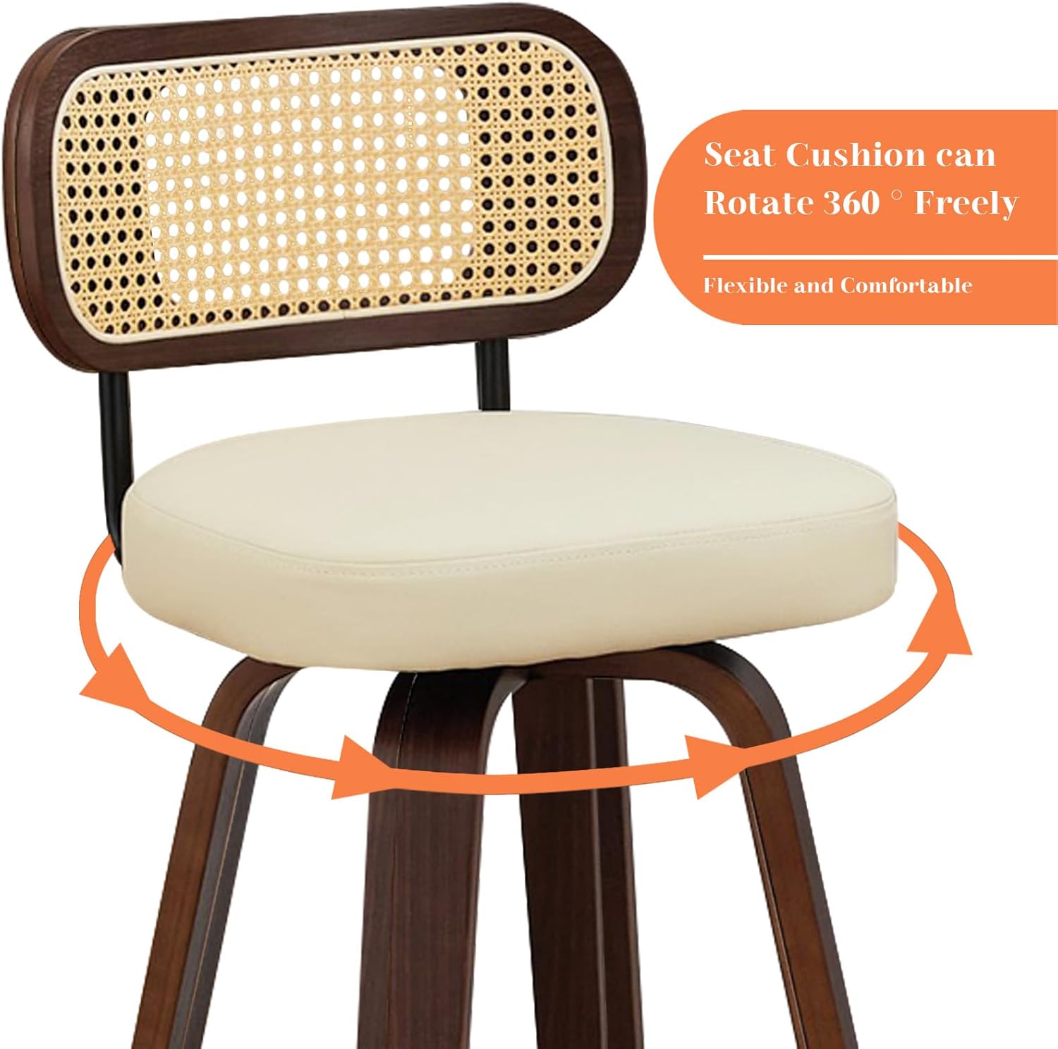 Swivel Bar Stools Set of 3,26" Rattan Counter Height Stools with Cane&Walnut Back, Faux PU Leather Counter Barstools with Bentwood Legs for Island/Kitchen/Counter/Bar,Beige