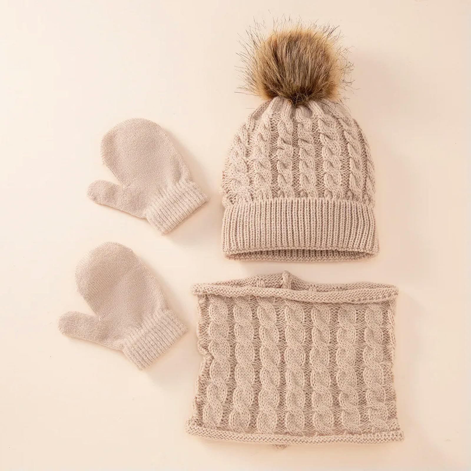 3-teiliges Winter-Set für Babys, Mütze, Schal und Handschuhe, einfarbig, für Kleinkinder, mit Bommel, Strickmützen, warmes Outdoor-Zubehör für Kleinkinder, süß (Hellgrau A)