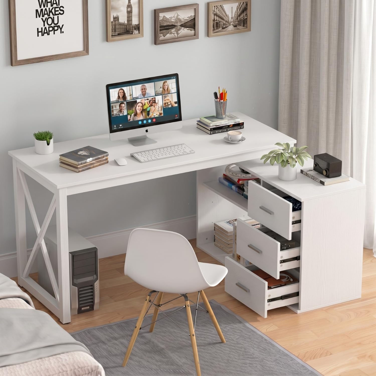 TEKAVO Latwon L Shape Office Computer Table with Storage Cabinet | 3 Drawers | Executive Table for Manager Cabin | Right Side Storage