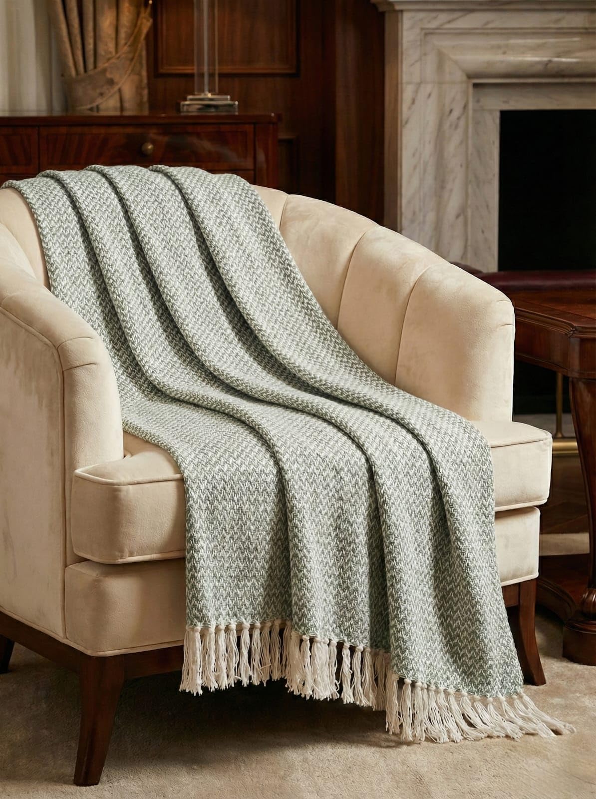 Throw Blanket with Fringe, Sage Green and White, 130x150 cm, Fresh Thread-image-44