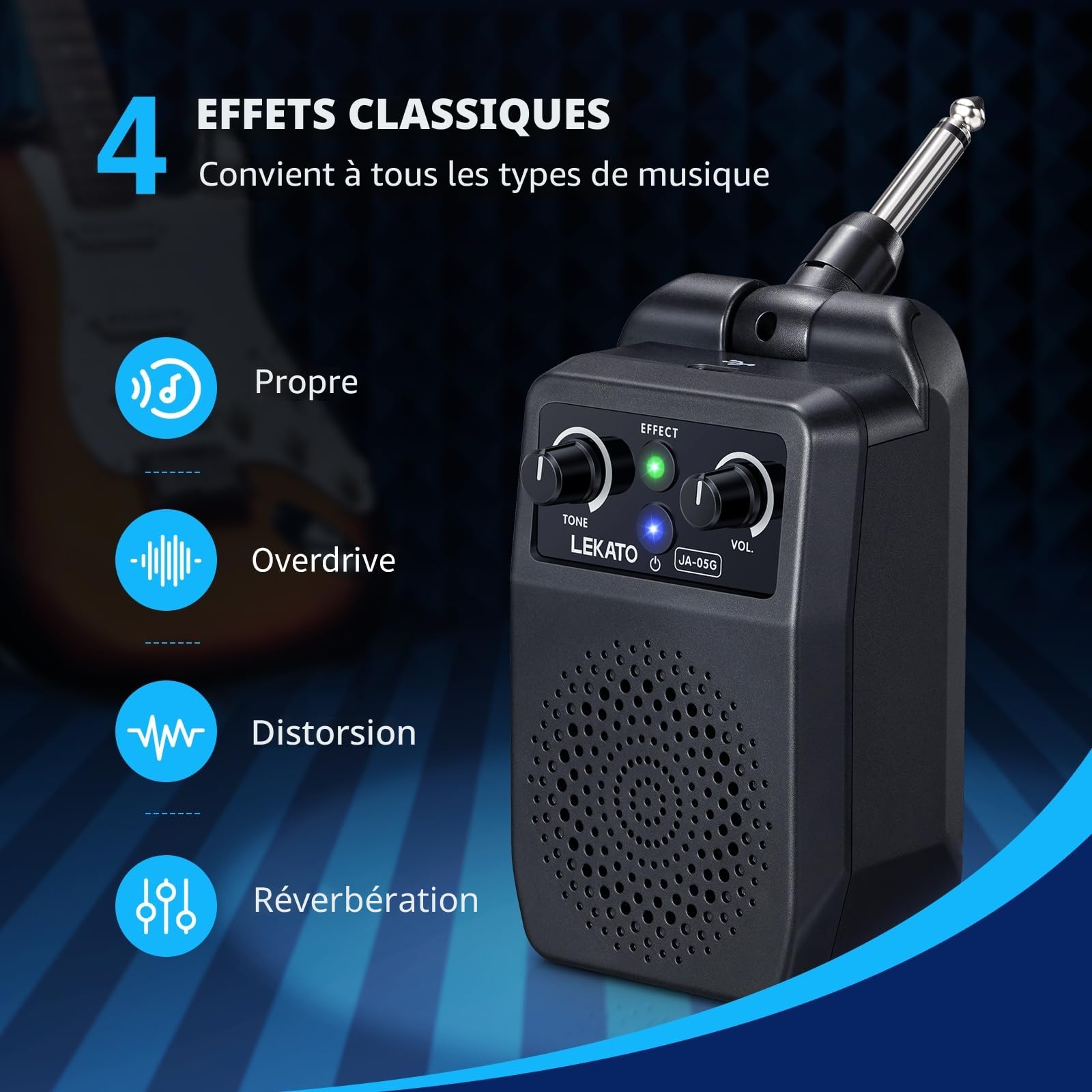 LEKATO Mini Amplificateur de Guitare Portable Électrique Bluetooth - Combo Rechargeable avec Multi-Effets Intégrés, Réverbération, Distorsion, Overdrive, Clean