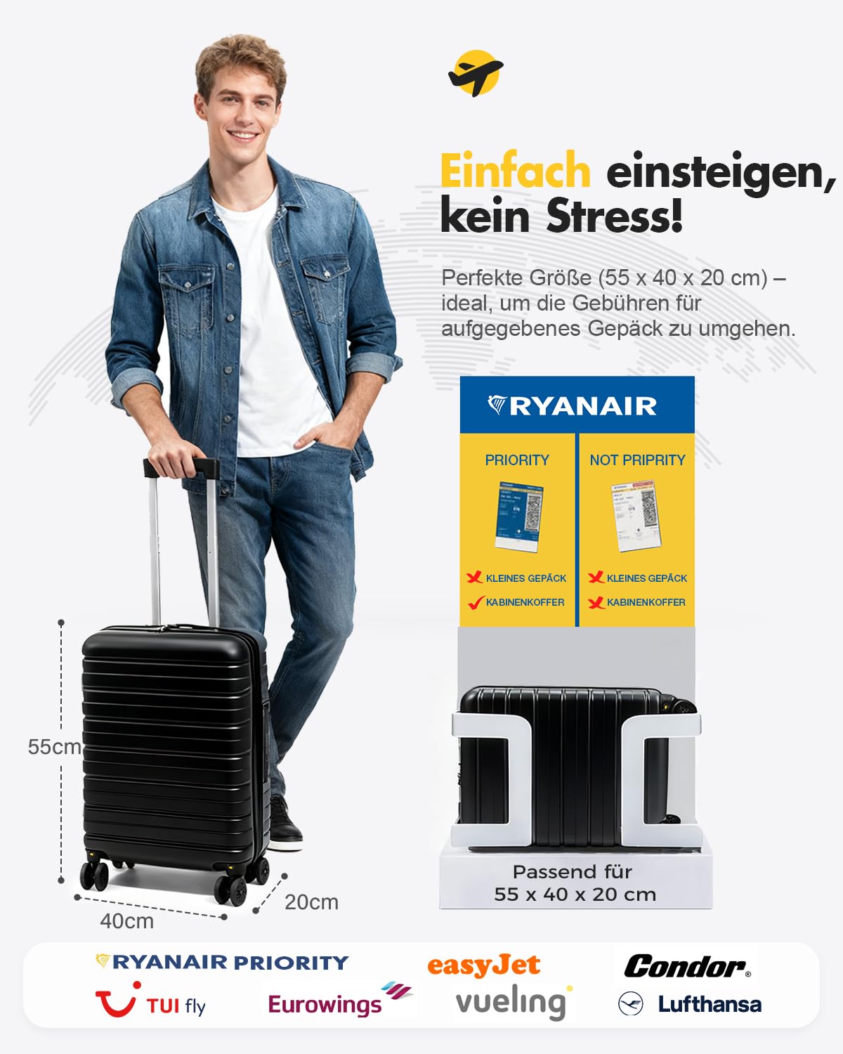 Lekesky Handgepäck Koffer 55x40x20cm - Trolley Handgepäck mit TSA Schloss und 4 Abnehmbaren Rollen, Leicht Hartschale für Ryanair, Lufthansa, Eurowings, 40L, Schwarz