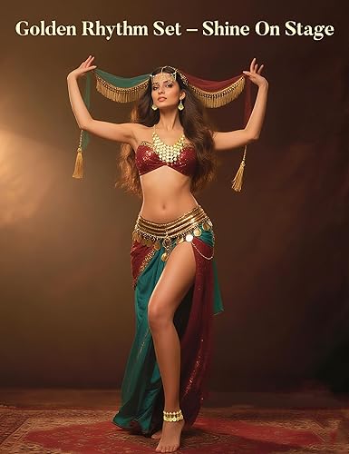 Miniatura 3 de Besteel Juego de 6 joyas para danza del vientre para mujer, chapado en oro, cadenas para la cabeza, monedas vintage, velo, collar, aretes bohemios,