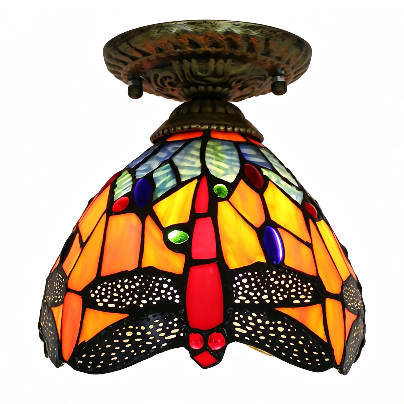 WDBZTJ Tiffany Style Mini Ceiling Light Flush Mount, 8 inch Stained Glass Hallway Ceiling Lamp, E27 Bulb, Vintage LED Chandeliers for Living Room Bedroom(E3)