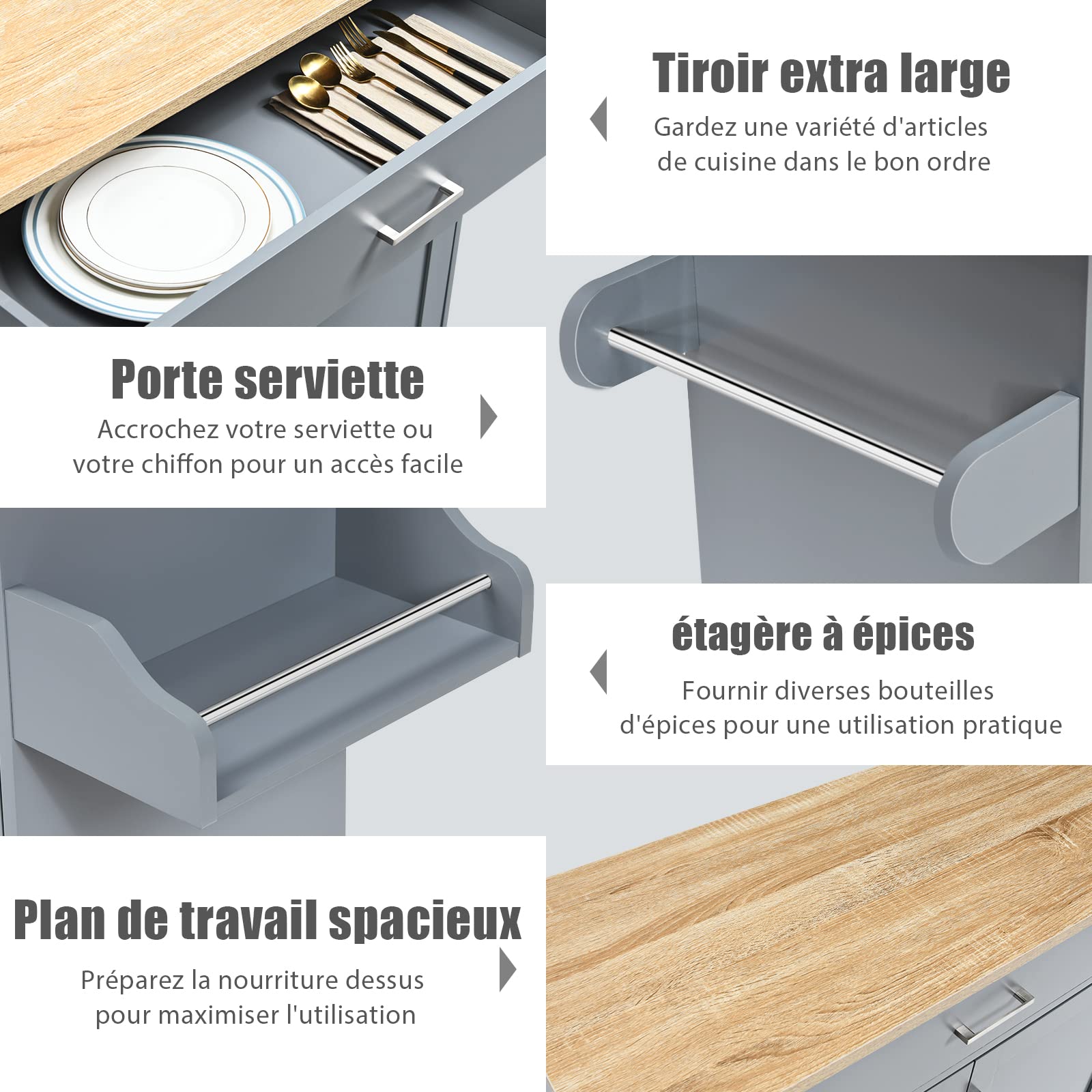 COSTWAY Dessert de Cuisine à roulettes Verrouillables, Ilot Central Cuisine Étagère Réglable sur 3 Niveaux, Grand Placard, Tiroir, Porte-épices et Porte-Serviettes, 40 x 116 x 85 cm (Gris)