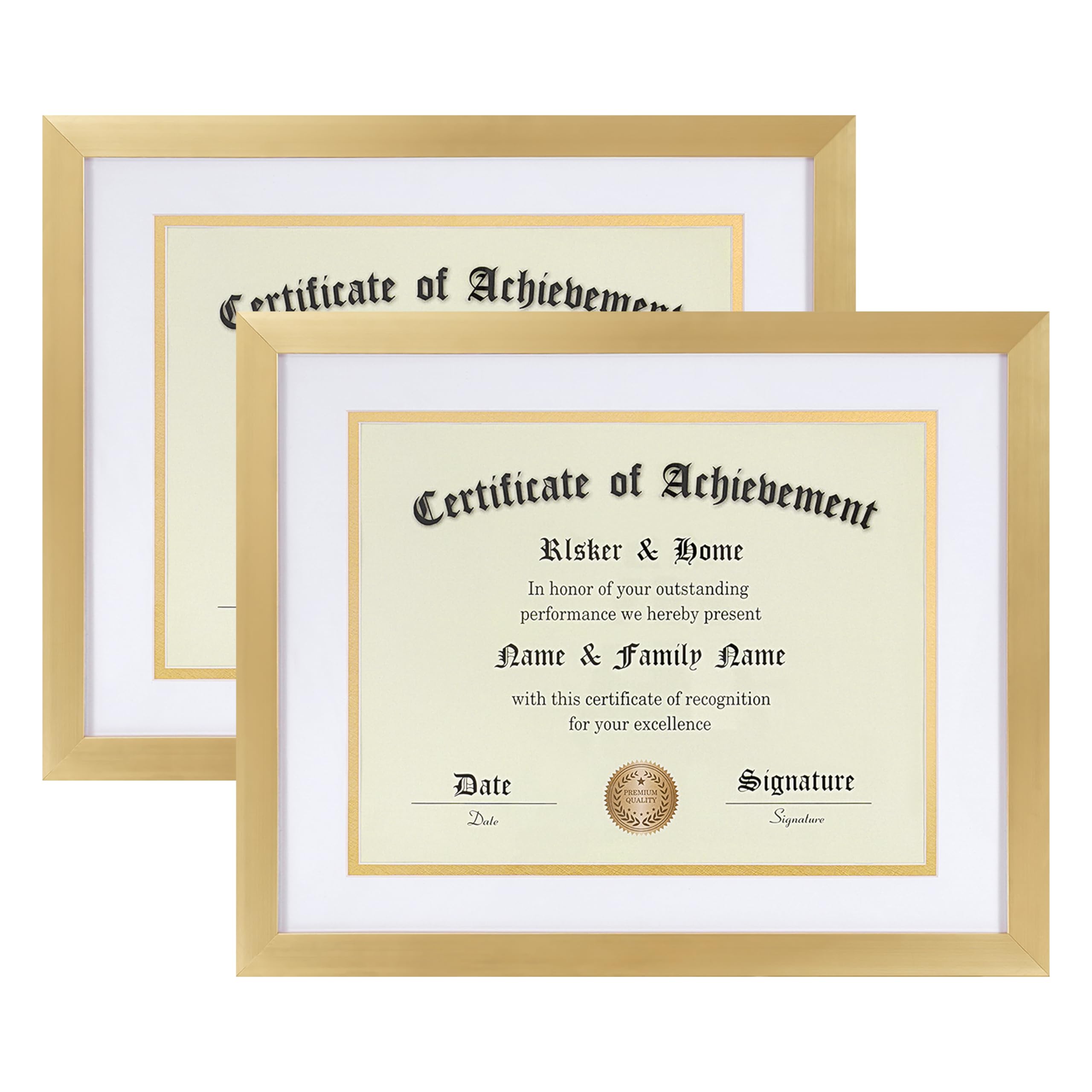 elsker&home 8.5 x 11 certificate frame 2pack- classic gold color frame - displays diploma 8.5x11 inch with mat - 11x14 inch without mat - for document/photo(double mat - matte white with gold rim)