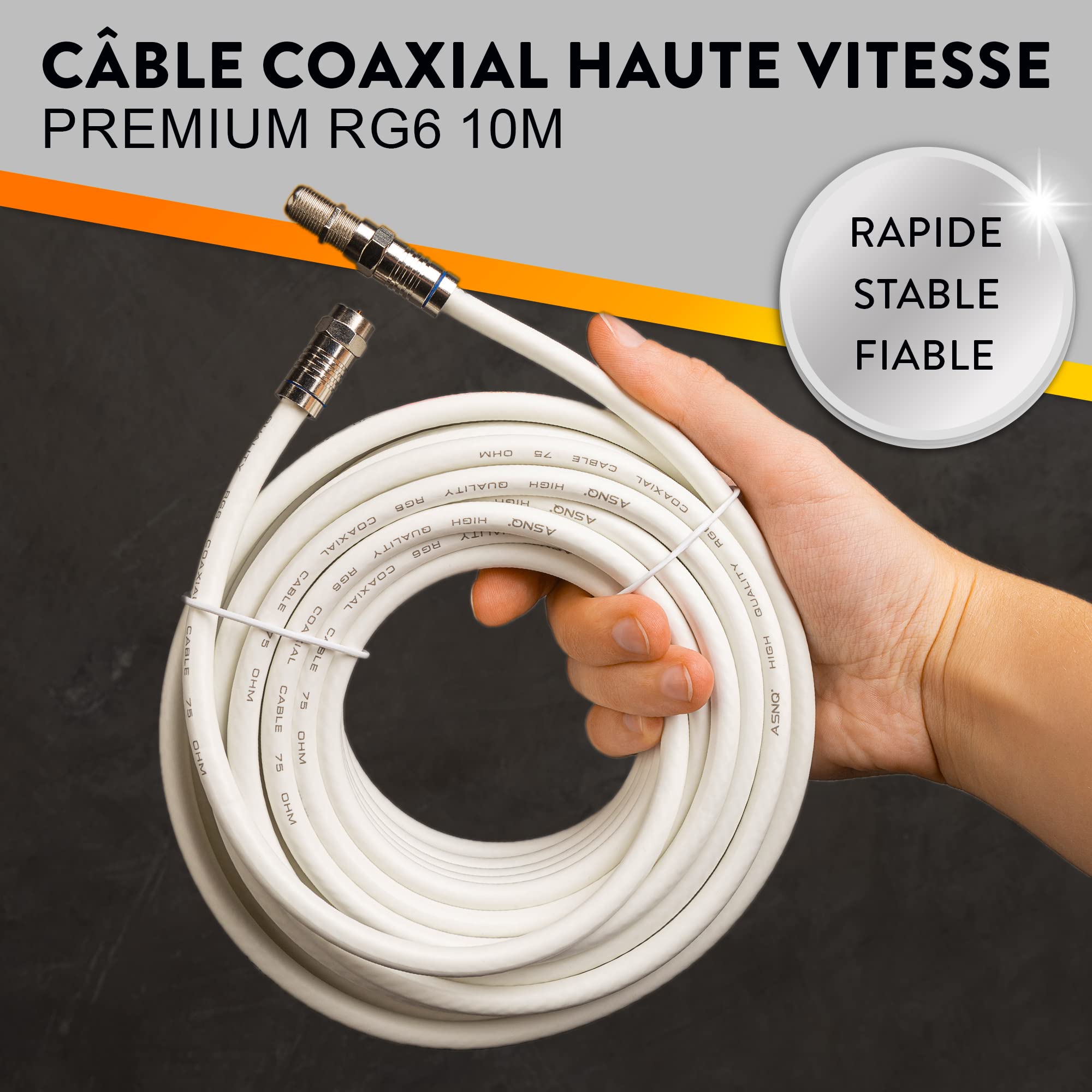 ASNQ Câble Coaxial RG6 Antenne 10m avec Connecteurs 75 OHM - Premium à Haut Débit Pour TV, Internet, Parabole Satellite - Inclut 4 Adaptateurs