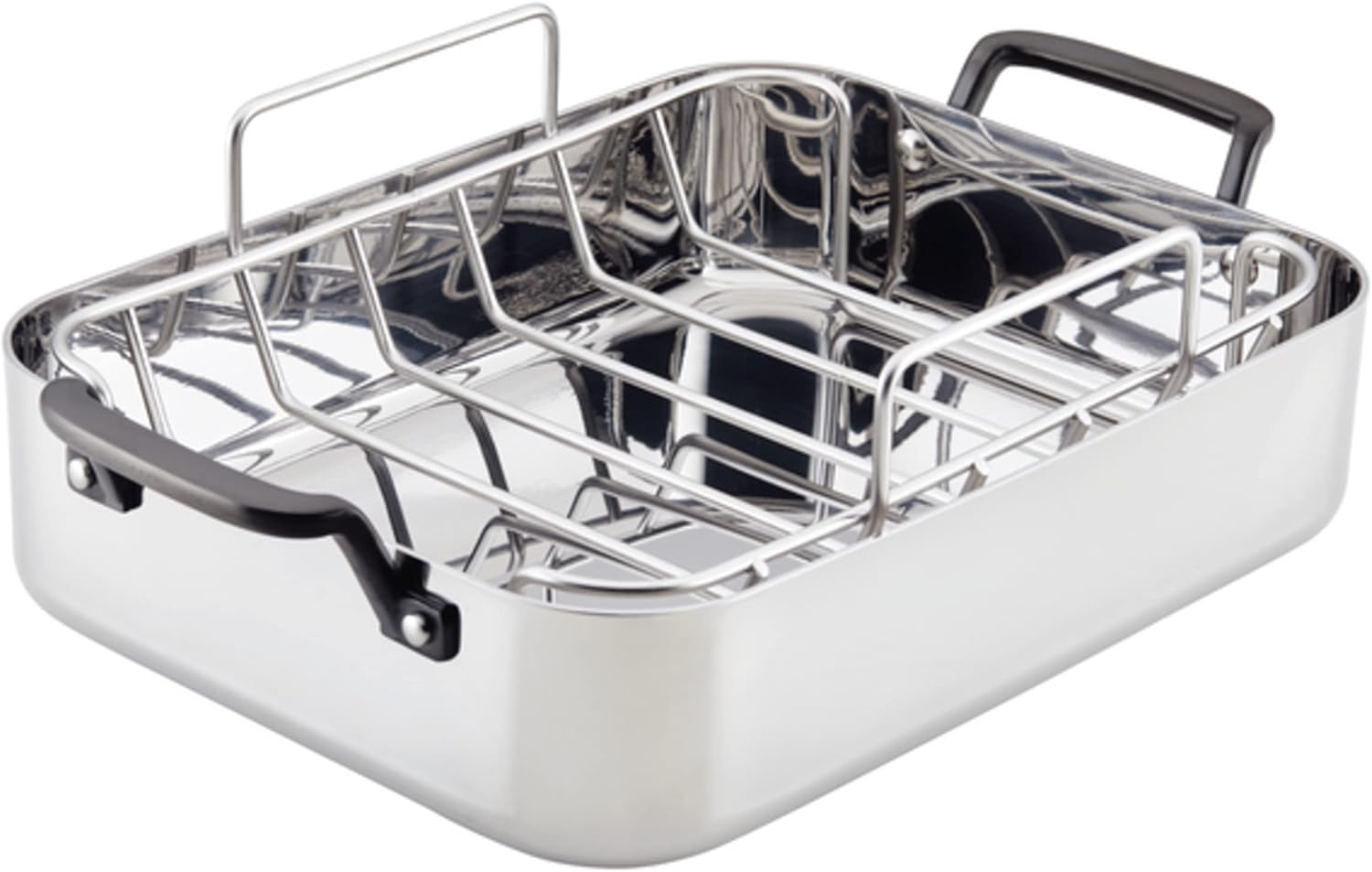 KitchenAid 5-Ply Clad Stainless Steel Roasting Pan/Roaster with Removable Rack, 15 Inch x 11.5 Inch - Polished Stainless Steel
