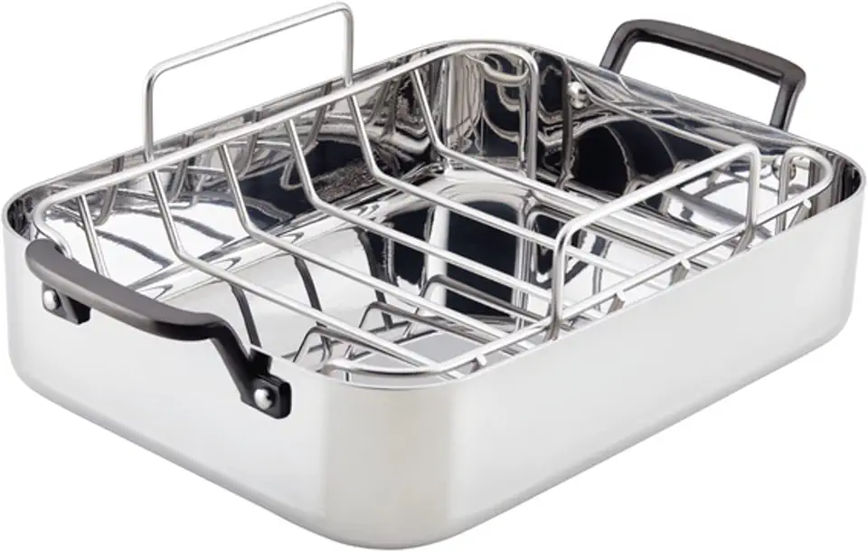 KitchenAid 5-Ply Clad Stainless Steel Roasting Pan/Roaster with Removable Rack, 15 Inch x 11.5 Inch - Polished Stainless Steel
