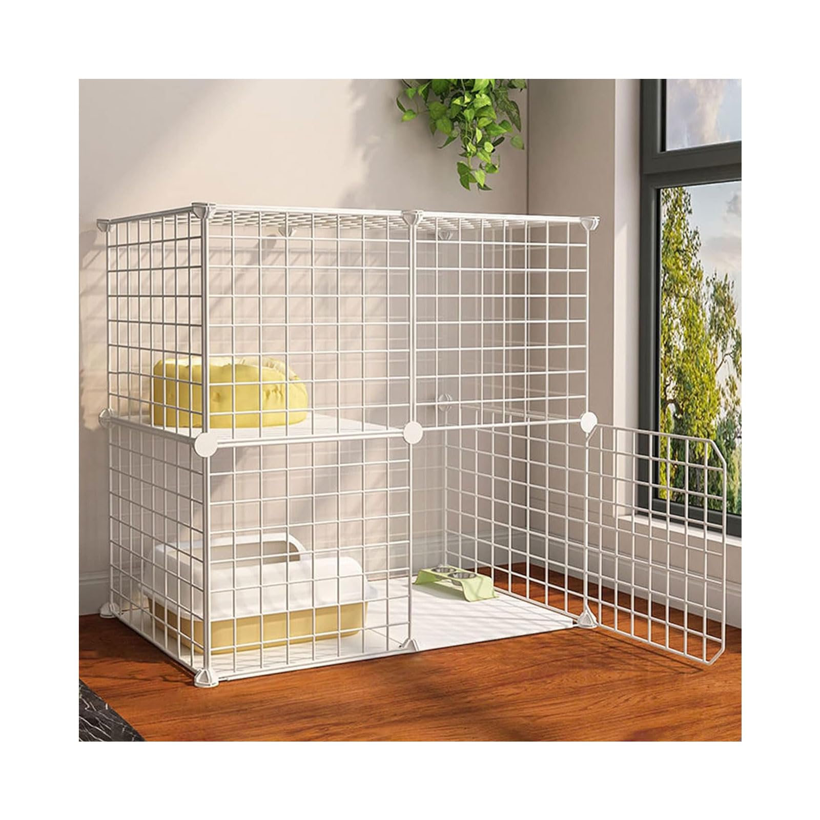 Gabbia per gatti a 2 livelli, grande, in filo metallico staccabile, per animali domestici, fai da te, con lettiera, letto, ciotola a 2 porte, cuccia per gattini per furetti e conigli