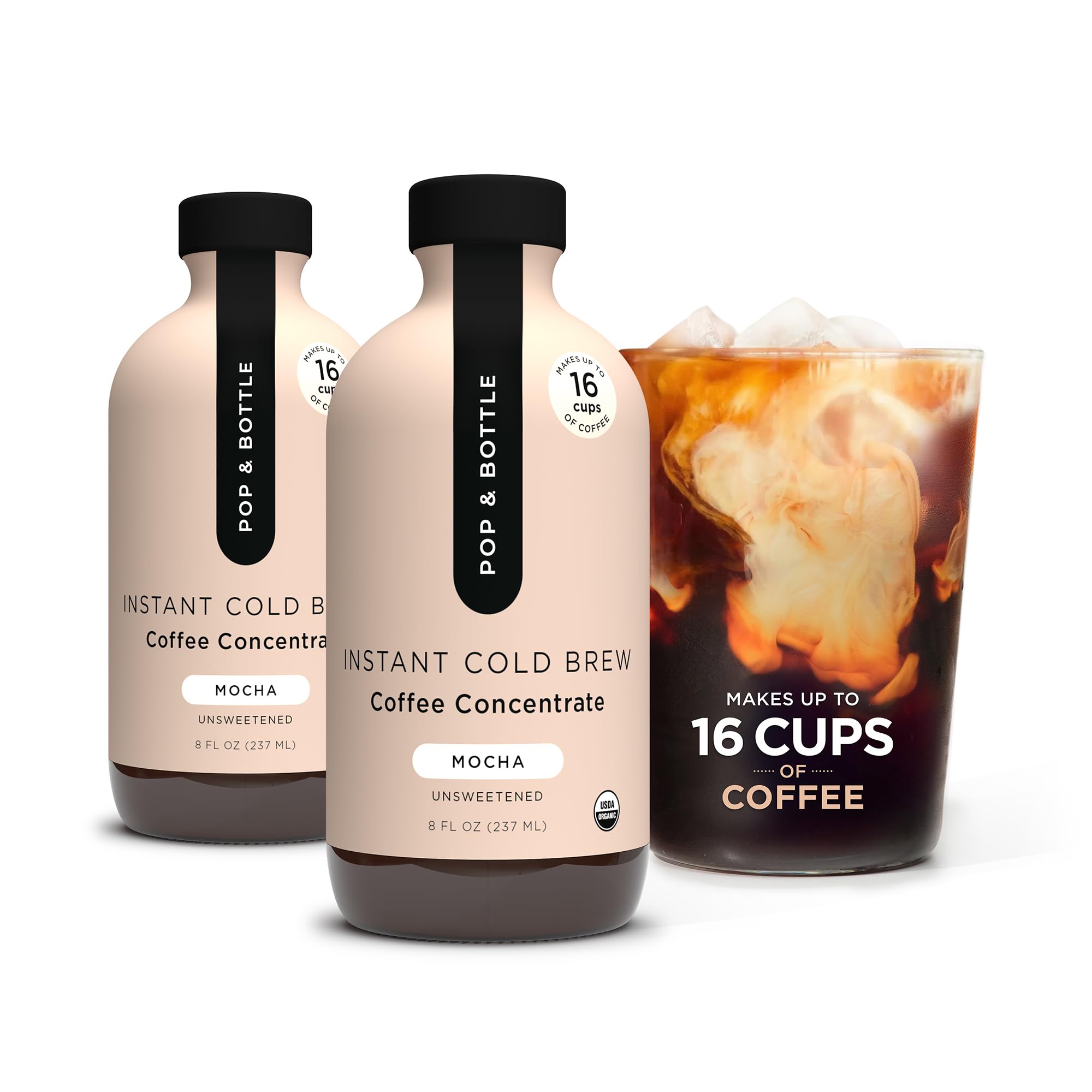 Pop & Bottle Organic Cold Brew Concentrate - Iced Coffee Liquid, Mocha, Dairy Free, Makes 16 Cups - 8 Fl Oz (2 Pack)USDA Organic