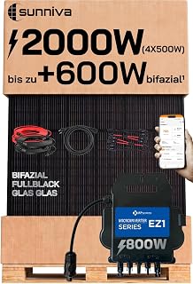 SUNNIVA® 2000W Balkonkraftwerk mit 800W Wechselrichter AP SYSTEMS, BIFAZIAL FULLBLACK komplett Steckdose, PV Solaranlage Komplettset mit 5 m Anschlusskabel und 4x 2.5m Solarkabel, 4x 500W N-Type Glas