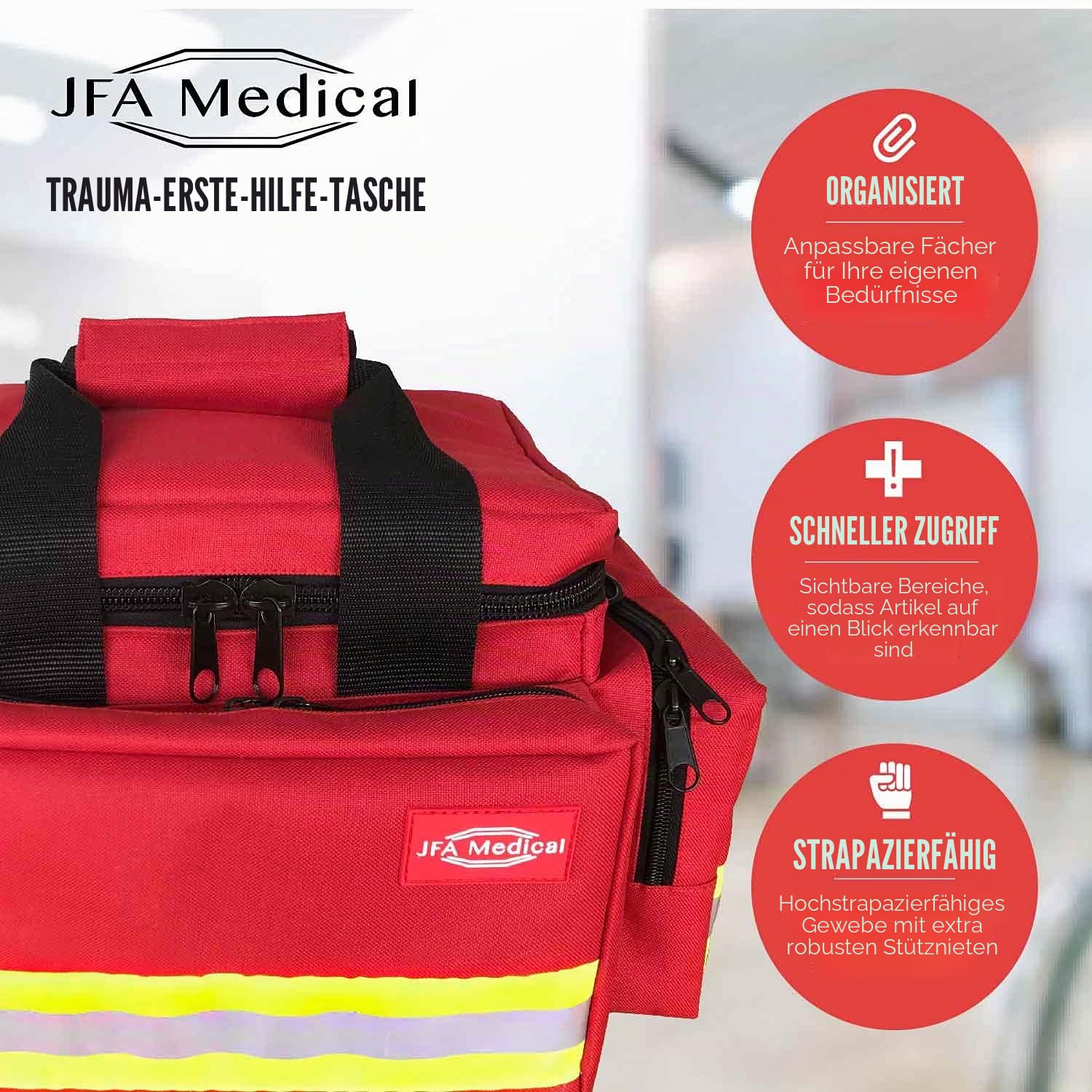 JFA Medical Erste-Hilfe-Tasche für Notfälle - Leere Trauma Notfalltasche mit Schultergurt, Reflektorstreifen und Reißverschlusstaschen