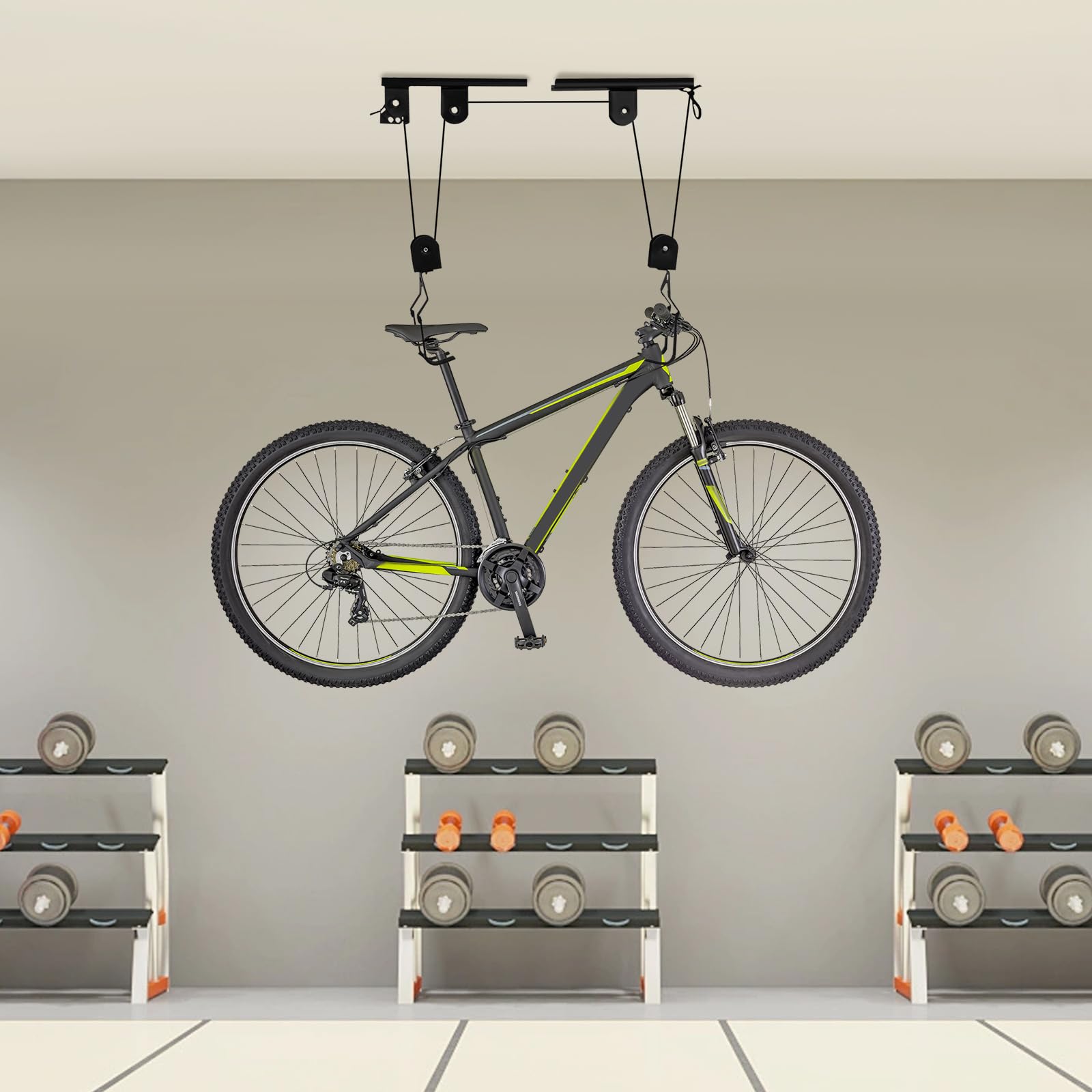 Support d'exposition pour vélos, monté au plafond, capacité de charge 60 kg, dispositif de levage mural avec système de poulie, pour réparation de vélos, exposition et entretien