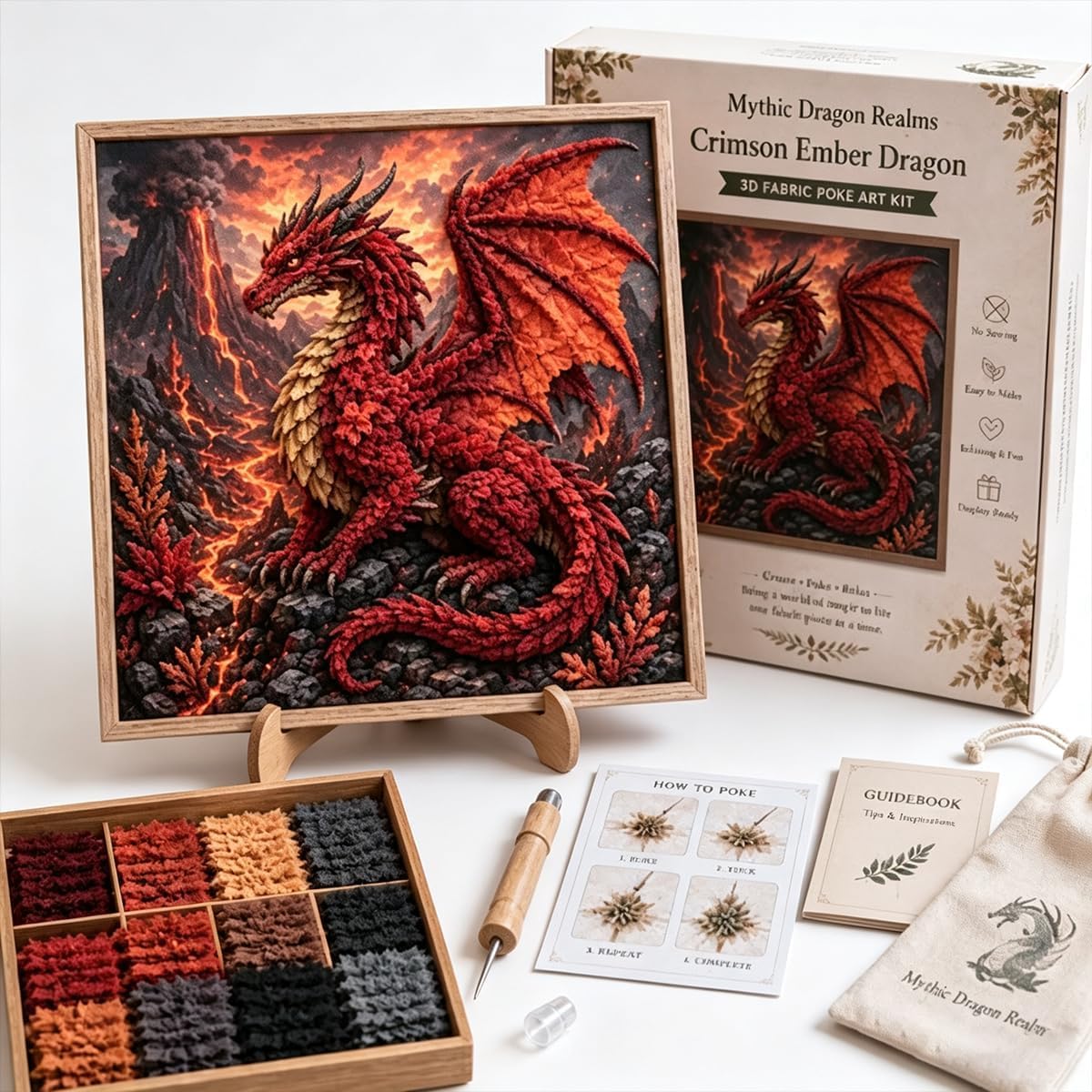 Mythic Dragon Realms 3D Fabric Poke Art Kit, DIY Dragon Craft Decor, 3D Fabric Poke Art Kit with Layered Texture, Beginner-Friendly Poke Craft for Relaxing DIY Projects, Fantasy Home Decor，*E