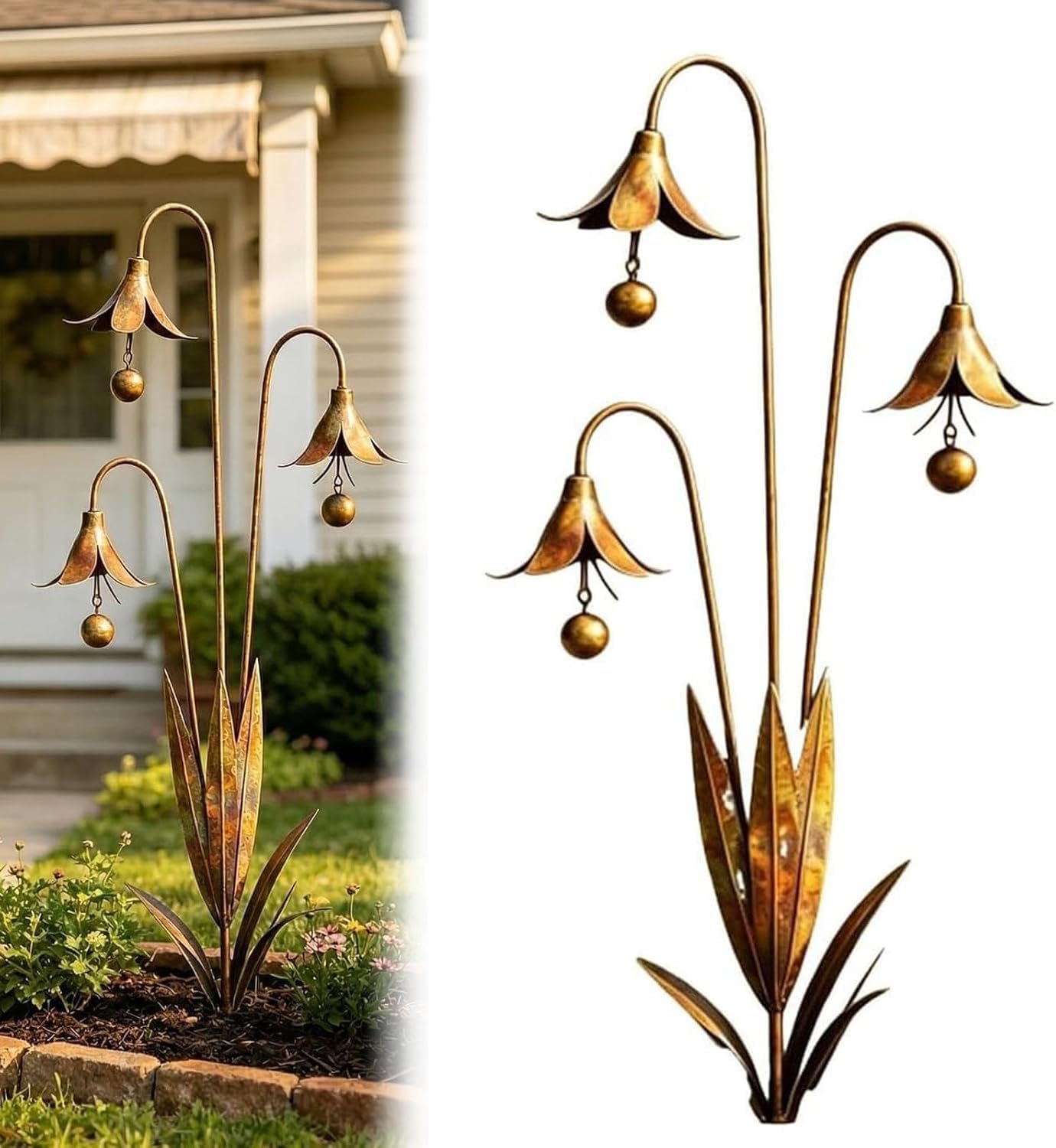 HshDUti Three Calla Lilies Garden Stake, 2026 Flamed Copper Three Calla Lilies Sculpture with Bells, Handmade 24in Rustic Copper Finish Floral Stake for Outdoor Yard Art, Gifts for Garden Lovers C