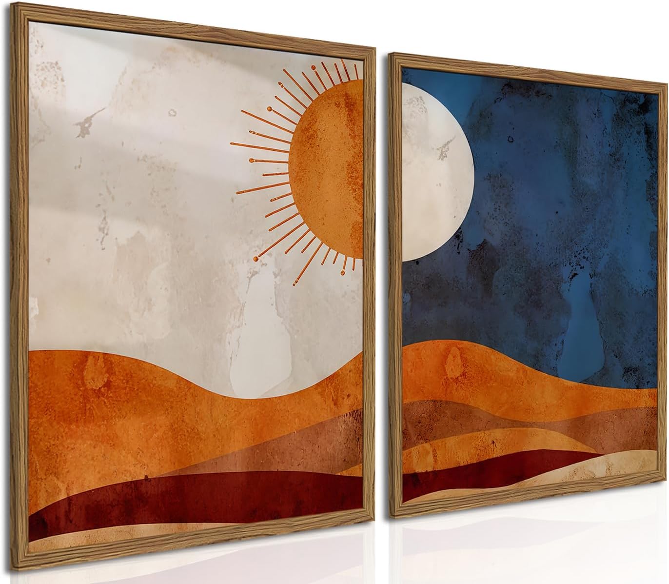 Framed Boho Sun & Moon Canvas Wall Art Set of 2, 12x16in Vintage Western Desert Prints, Mid-Century Modern Decor for Living Room Bedroom Office