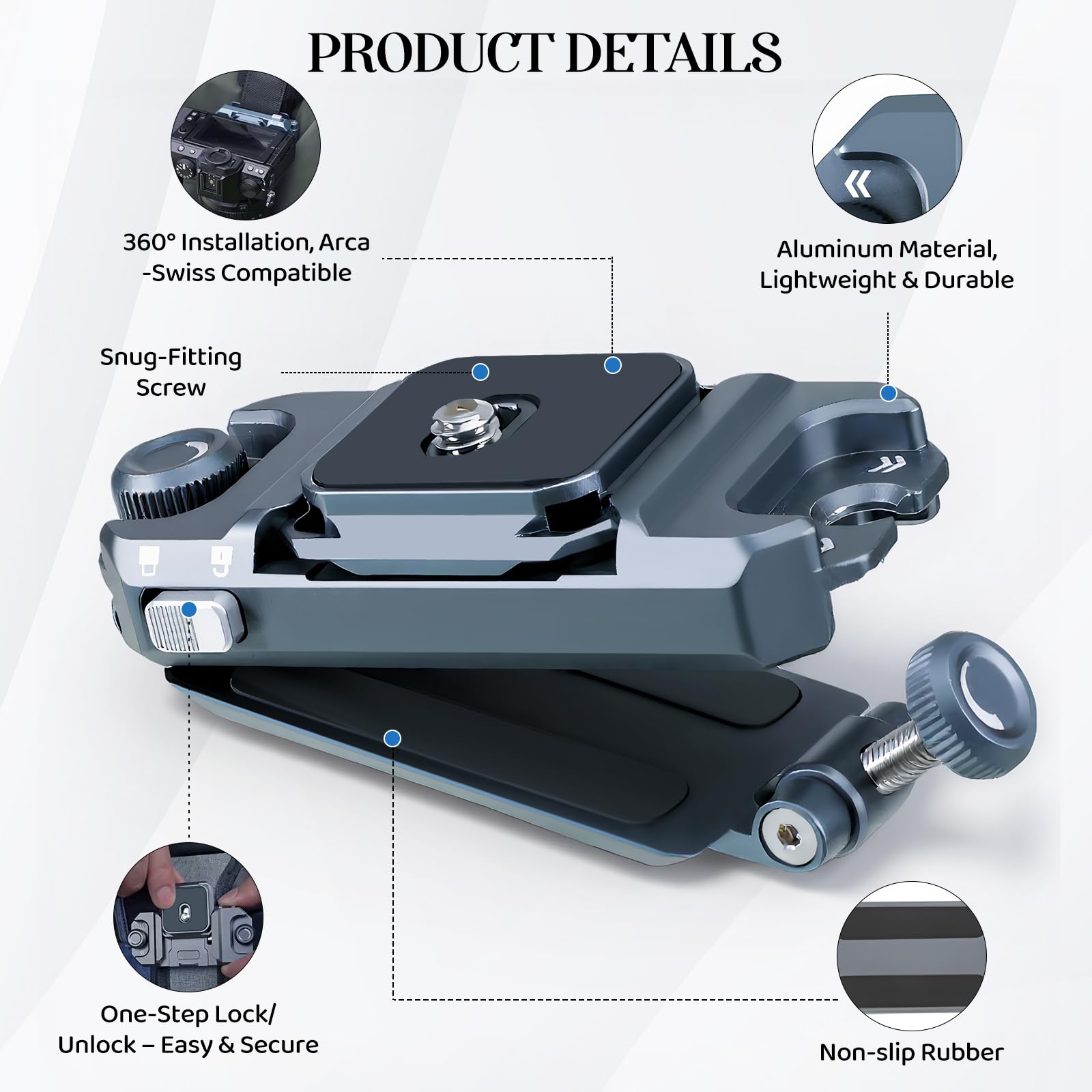 Luqixcey Kamera Rucksack Clip & Kamerahalterung für DSLR Plattenkamera Kamerahalterung Rucksack Camera Clip,Quick Release Ecosystem with 1/4 inch Screw Hole, Suitable for DSLR, Action Camera