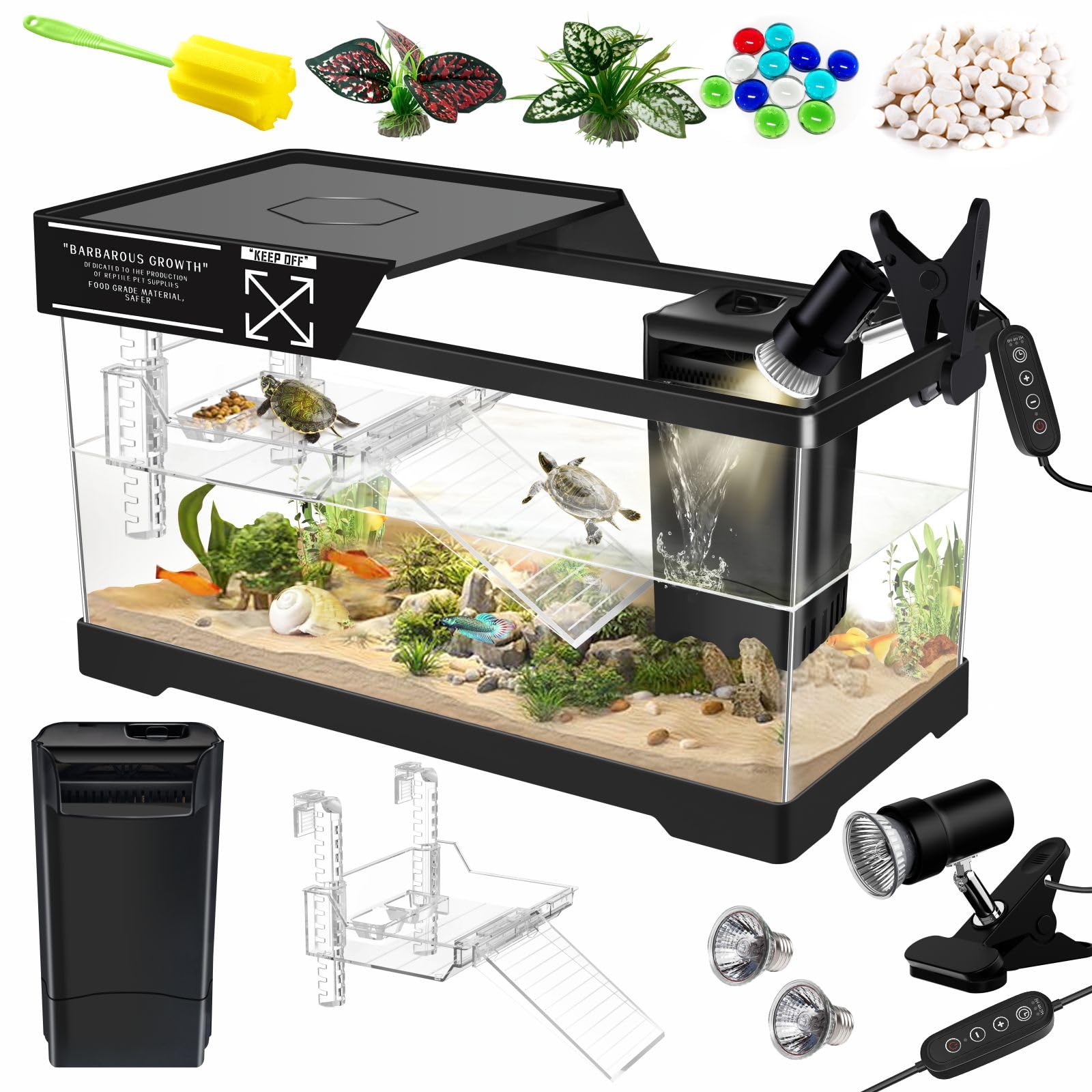 GOZILLA Aquatic Turtle Tank Kit+Lamp+Filter, Upgrade PC Turtle Tank Starter Kit with Adjustable Lamp & Filter,Reptile Habitat with Lid,Hanging Platform for Small Reptiles.(19.68×9.52×9.44''/Black Kit)