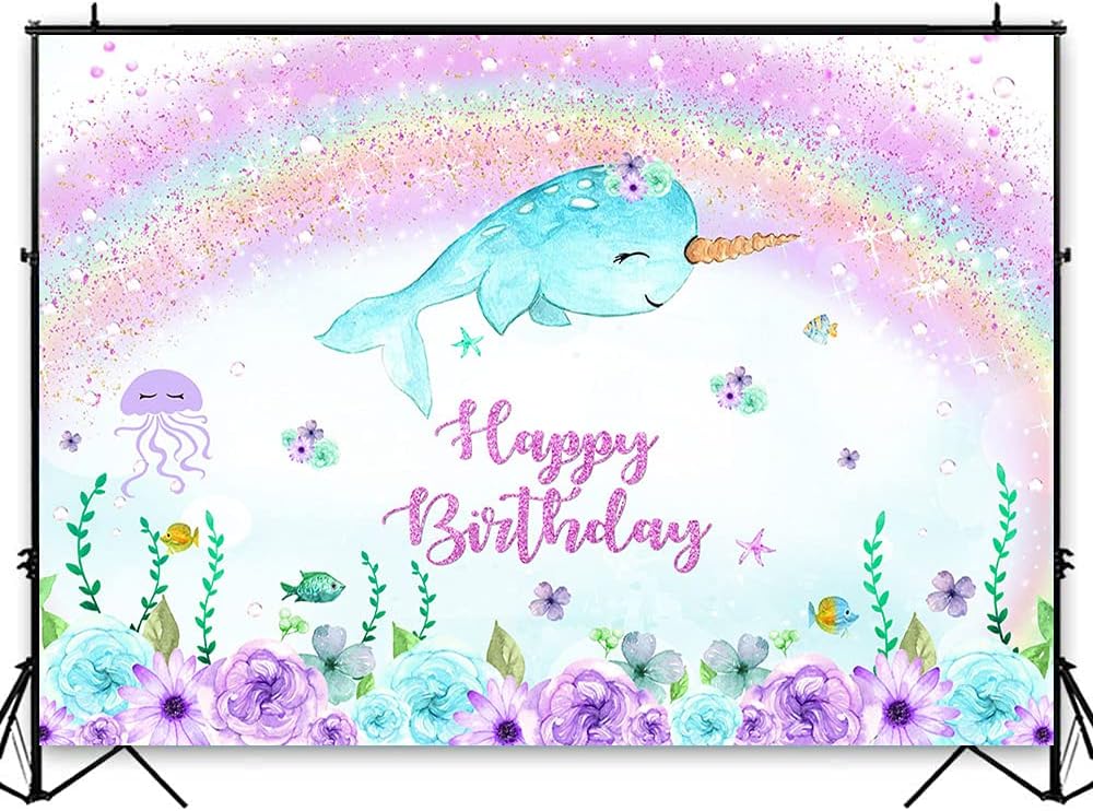 Avezano Girl Narwhal Birthday Backdrop Under The Sea Purple Flowers Photo Background Glitter Rainbow Birthday Party Decoration Banner (8x6ft)