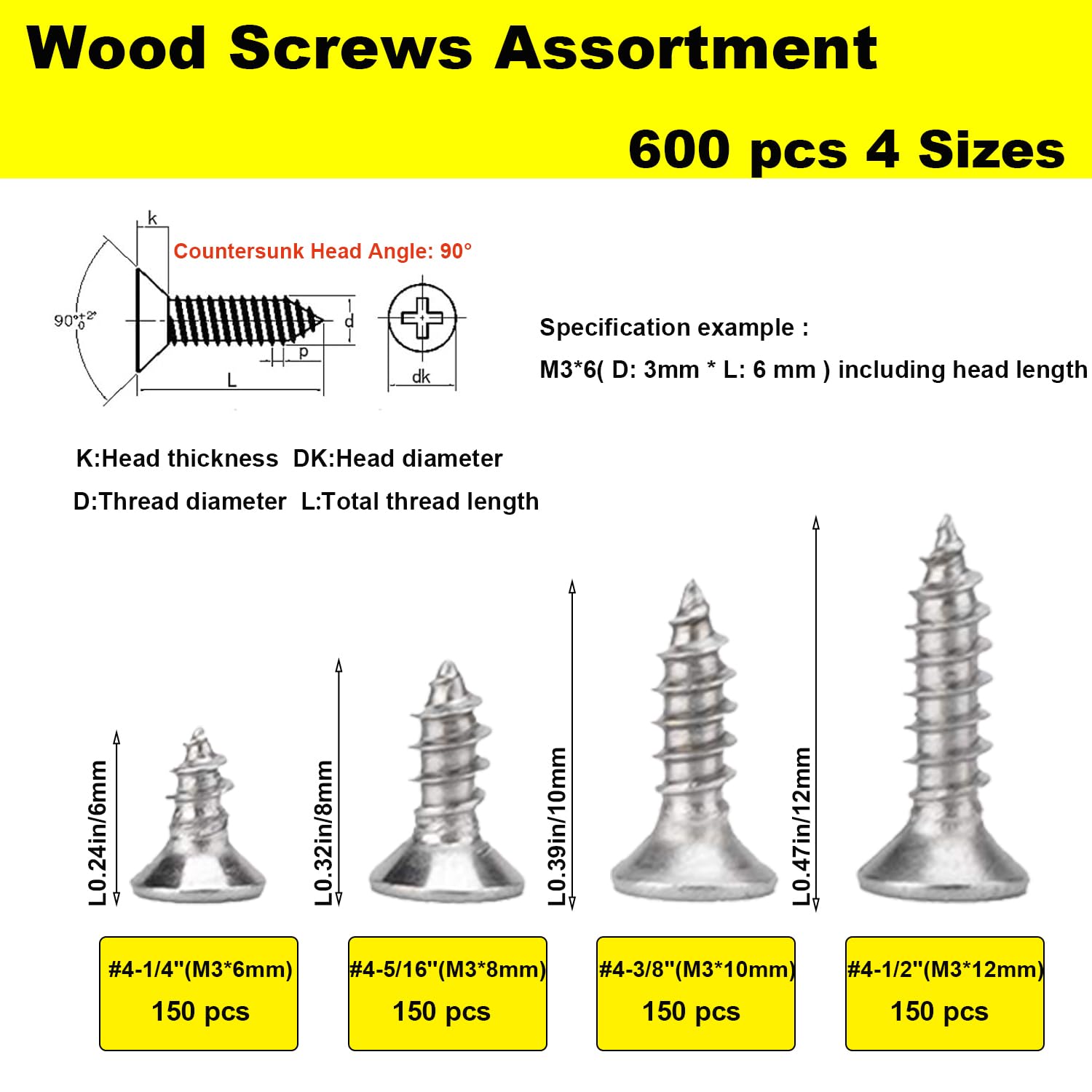 600 pcs Wood Screws Assortment, M3 Countersunk Self Tapping Screws,Stainless Steel Small Screw - Image 3