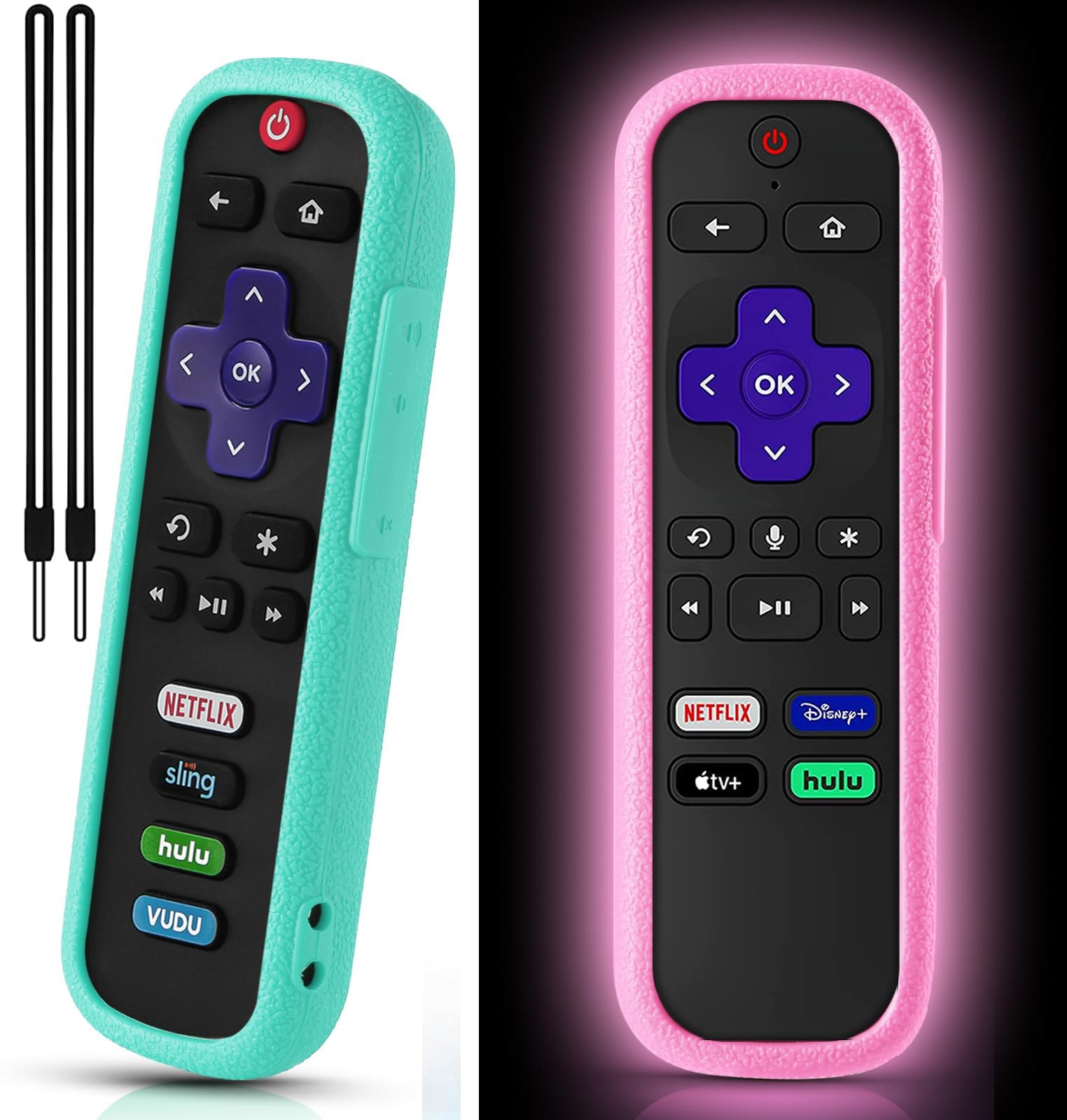TCL | Hisense Roku Remote Case - Confezione da 2 cover in silicone per Roku Express 4K+ 2021 e Streaming Stick+ con cordini, rosa brillante e azzurro cielo