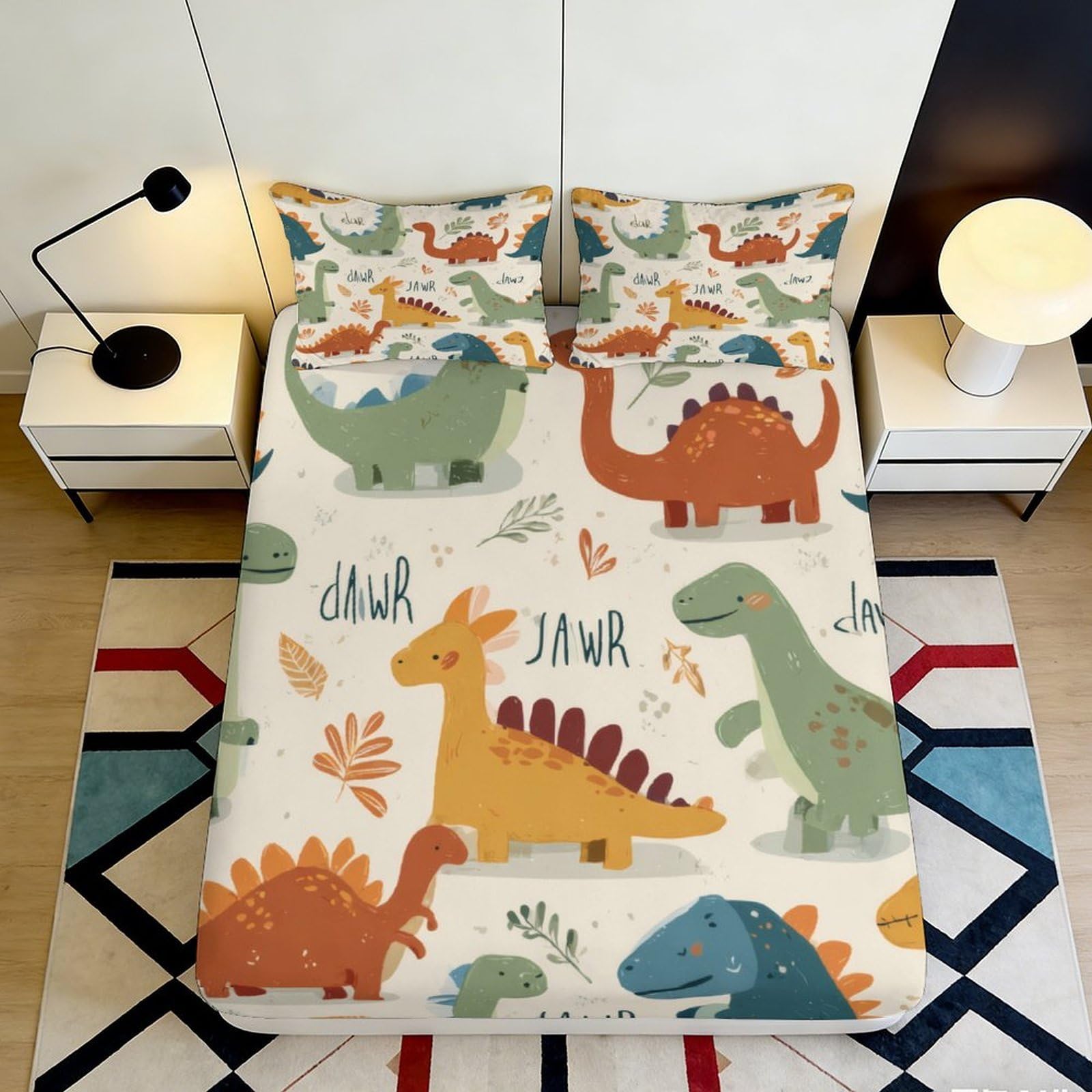3D Printed Cartoon Dinosaur Fitted Sheet Microfiber Soft Non-slip Mattress Cover Machine Washable for Bedroom Guest Room 120x200x25cm