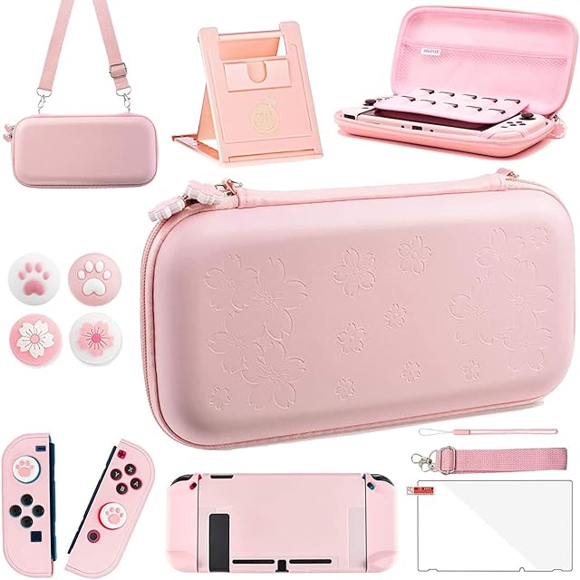 Etui transportowe na Switch/Switch OLED,Zestaw podróżny 10 w 1 akcesoriów zawiera etui do przenoszenia Nintendo Switch Oled, ciężko obudowa, regulowany stojak,4 czapki Thumb Caps i folia ochronna (Switch OLED)