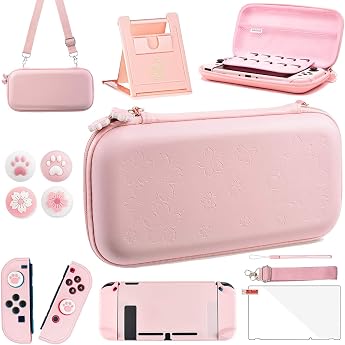OLDZHU Rosa Reisezubeh r Set Kompatibel mit Nintendo Switch10 in 1 mit Rosa Tragetasche f r die Switchharter Schutzh lleGlas-Displayschutzfolieverstellbarer St nder und Daumengriffkappen
